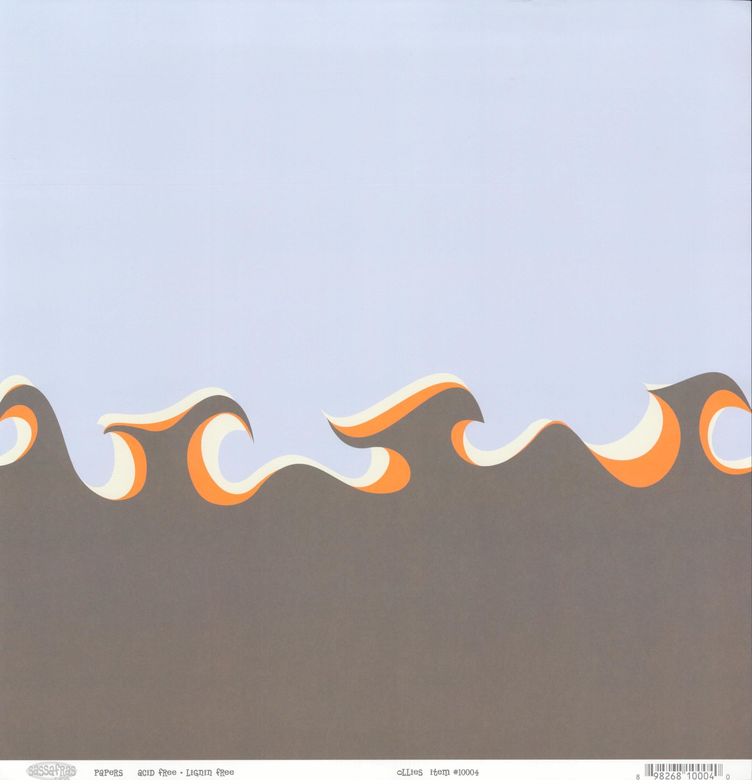 Sassafras Lass Ollies cardstock with bold retro waves in orange, white and grey between taupe and periwinkle blue fields