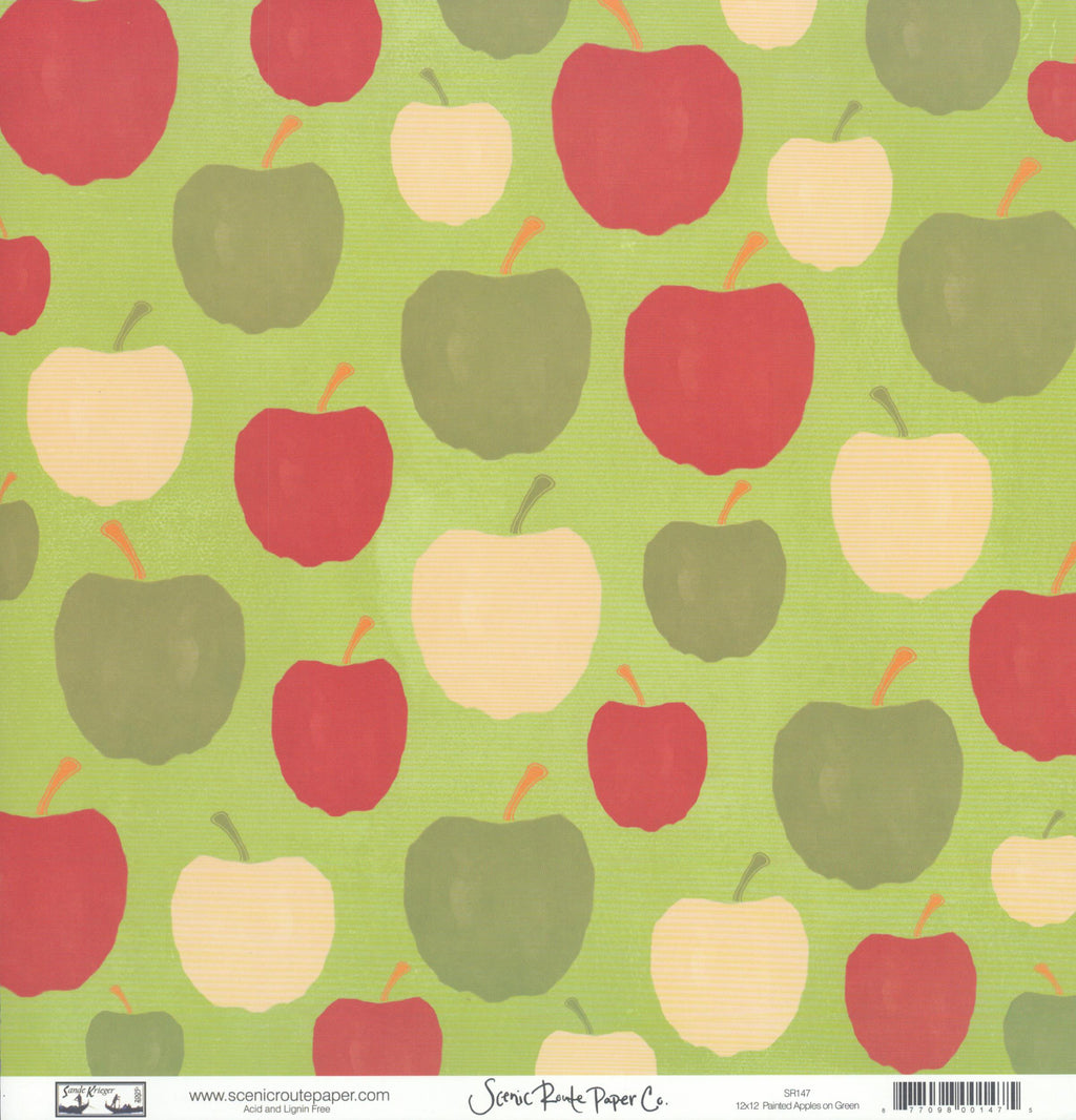 Painted Apples on Green - Pink Red Stripes on Green