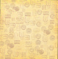 Design Originals Legacy Collage Passport 12x12 scrapbook paper with scattered antique passport stamps, visitor permits and immigration seals in warm golden amber
