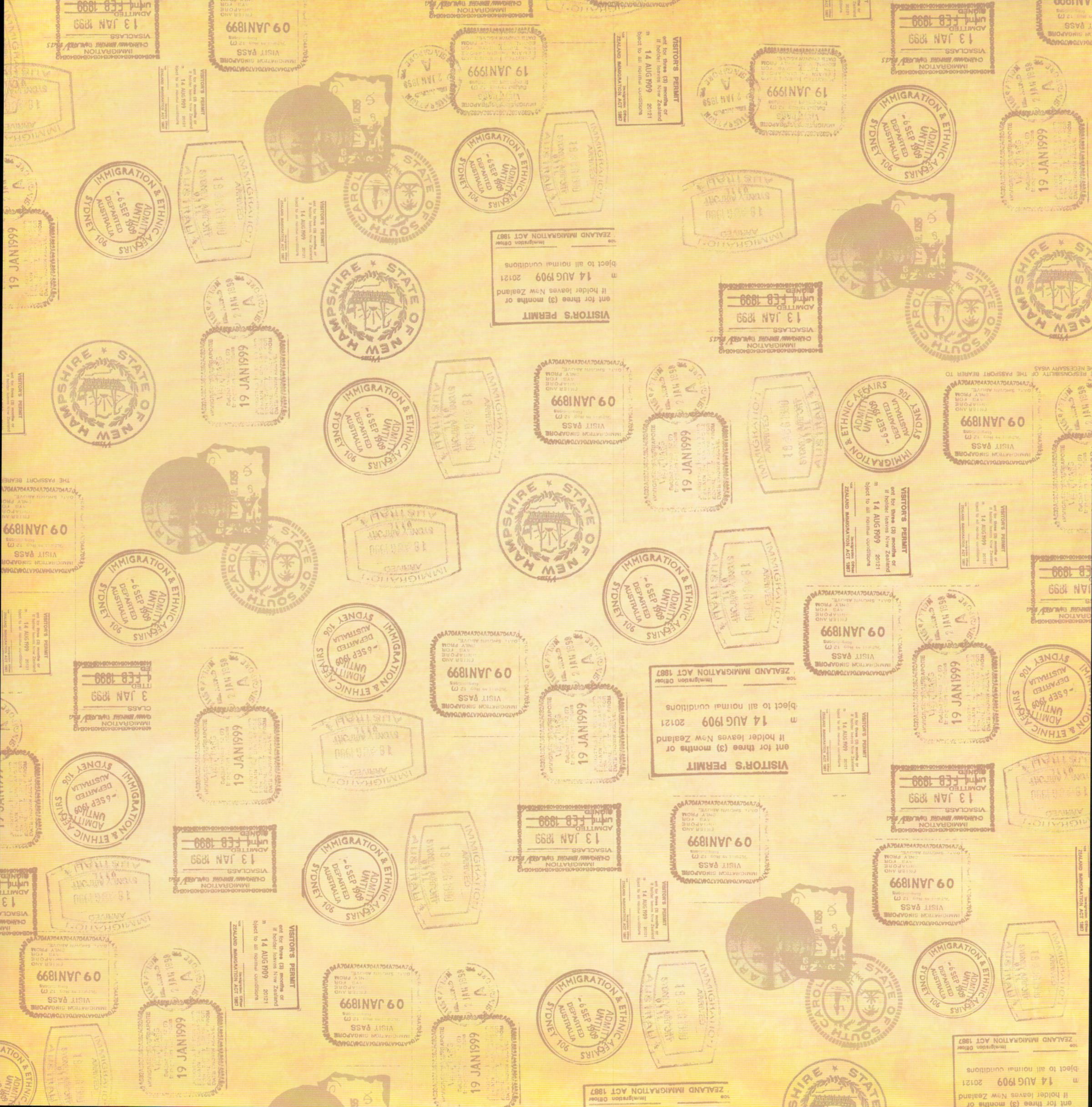 Design Originals Legacy Collage Passport 12x12 scrapbook paper with scattered antique passport stamps, visitor permits and immigration seals in warm golden amber