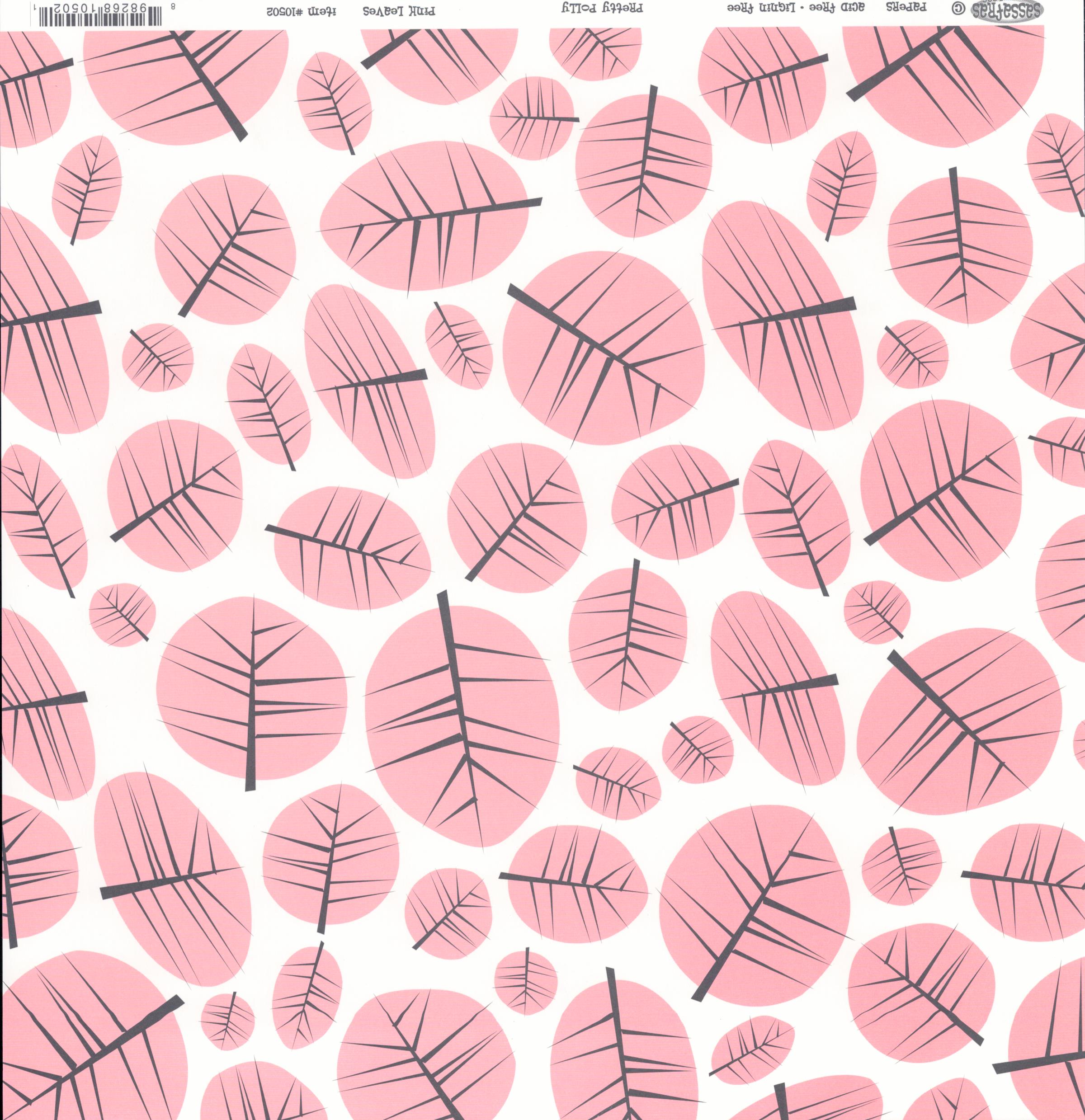 Sassafras Lass Pretty Polly Pink Leaves cardstock with scattered oval pink leaf shapes and dark grey botanical veins on white
