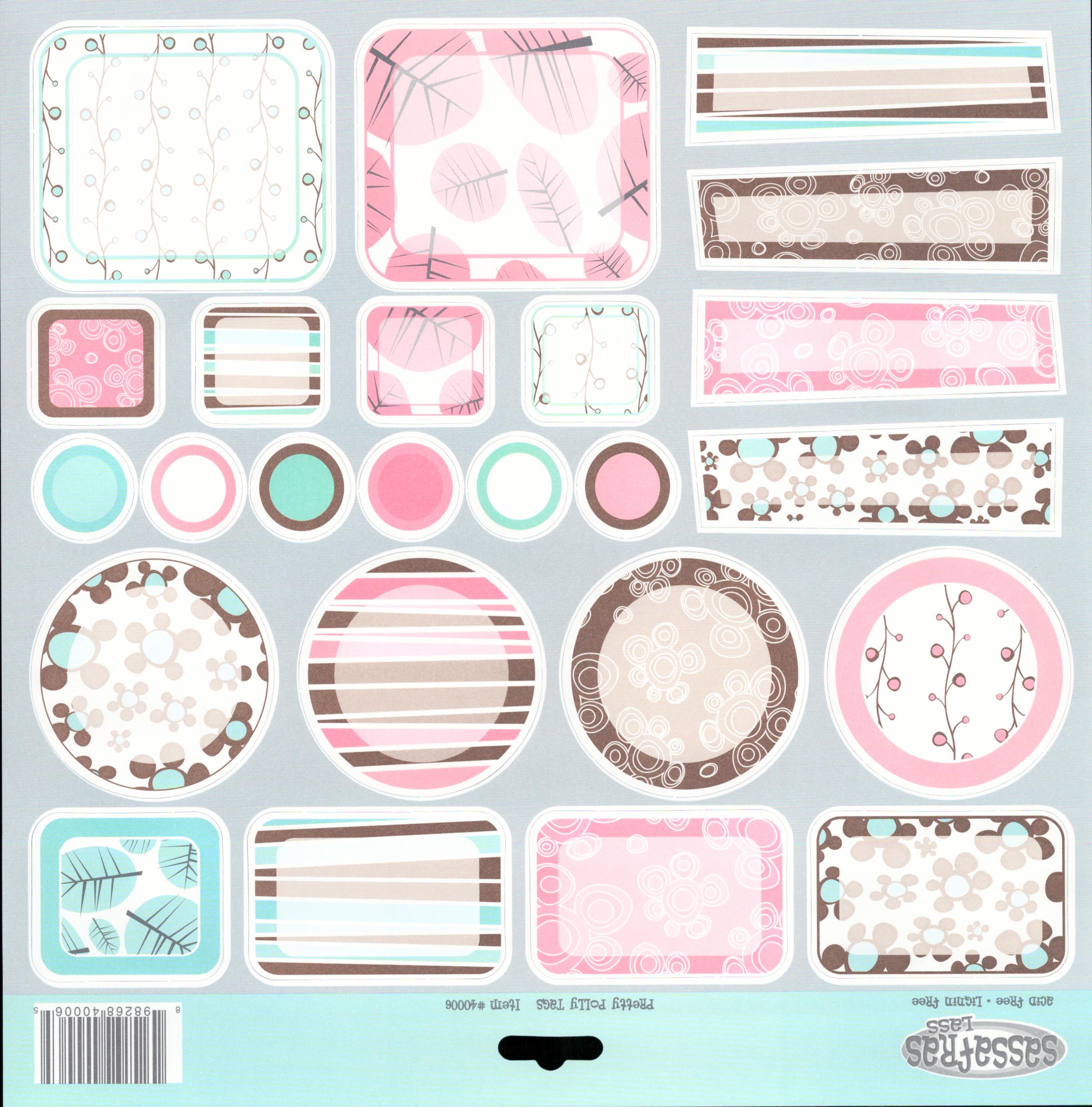 Sassafras Lass Pretty Polly Tags die-cut sheet with assorted tag shapes in pink, teal, brown and white patterns