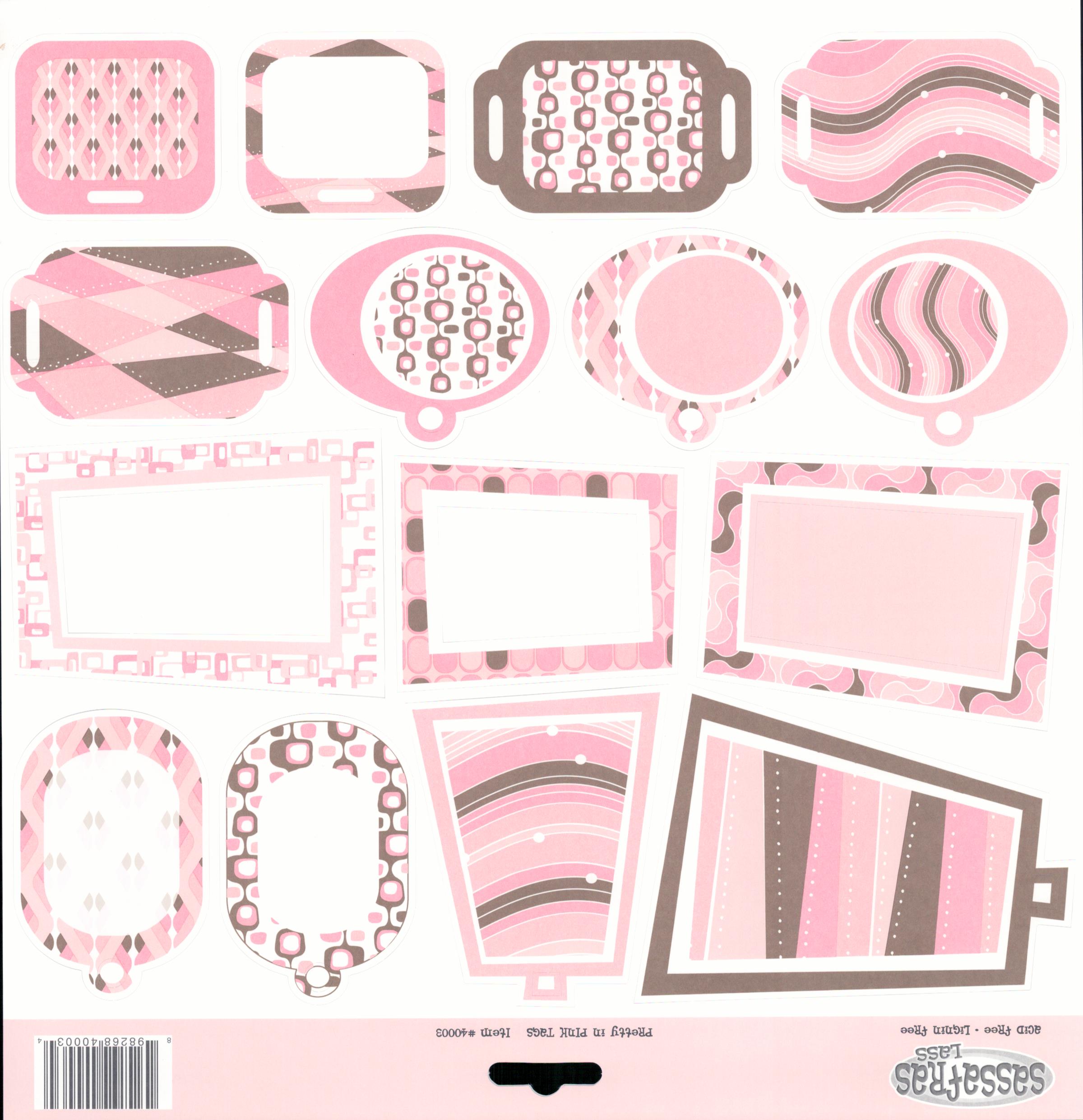 Sassafras Lass Pretty in Pink Tags die-cut sheet with 16 assorted tag shapes in pink, brown and white patterns