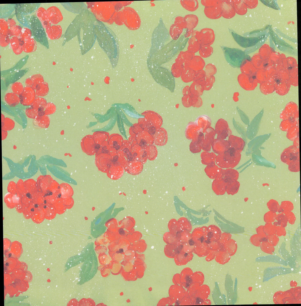 It Takes Two Holly Berries 12x12 scrapbook paper - watercolor red holly berry clusters with teal-green leaves on sage green background with glitter sparkle overlay