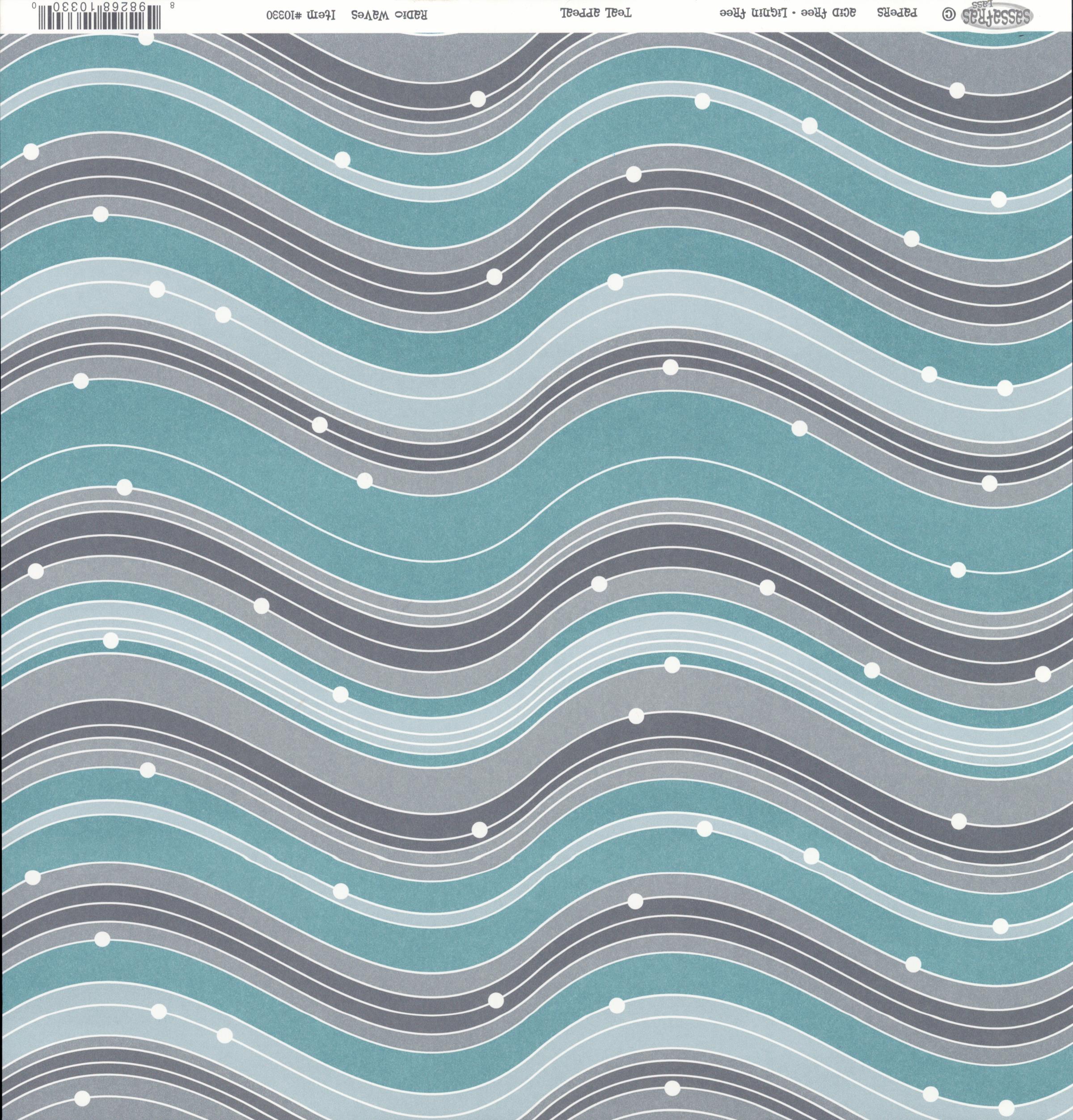 Sassafras Lass Teal Appeal Radio Waves cardstock with flowing teal and grey wave stripes and white dot accents