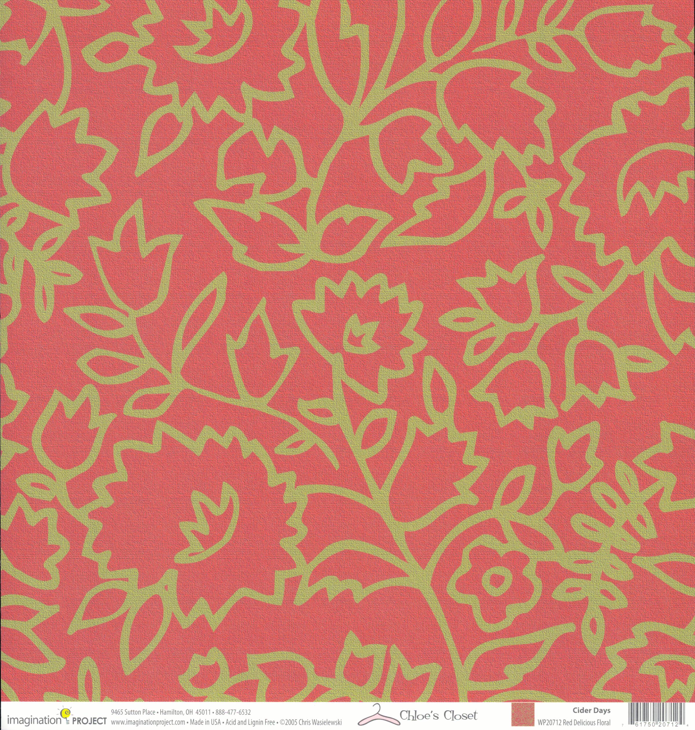 Imagination Project Chloe's Closet Cider Days Red Delicious Floral 12x12 cardstock — large tulip flower and leaf outlines in golden olive chartreuse on coral tomato red background