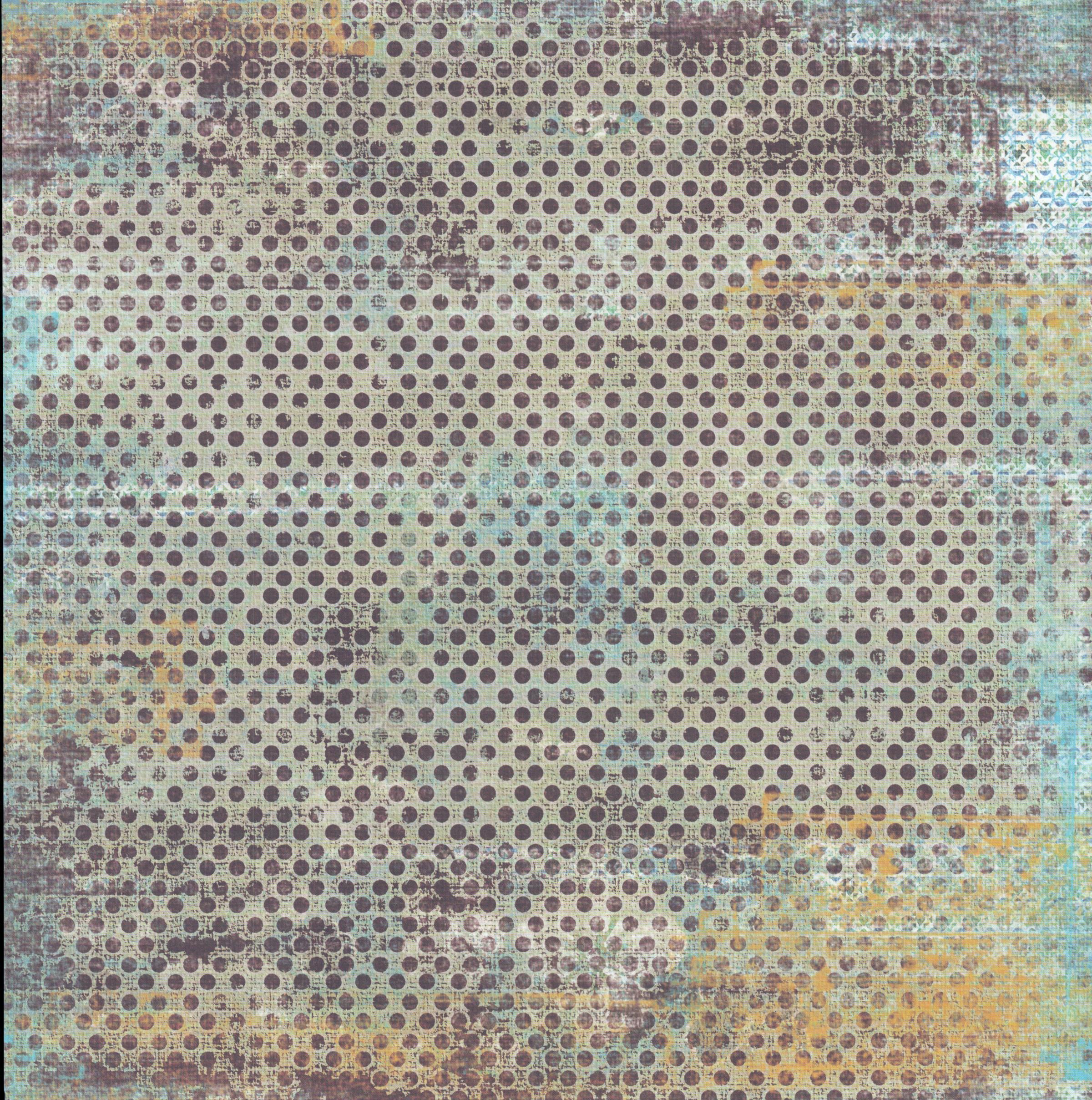 My Mind's Eye Breaking Free Righteous Dots 12x12 - distressed large polka dots on layered teal, purple, and golden ochre background