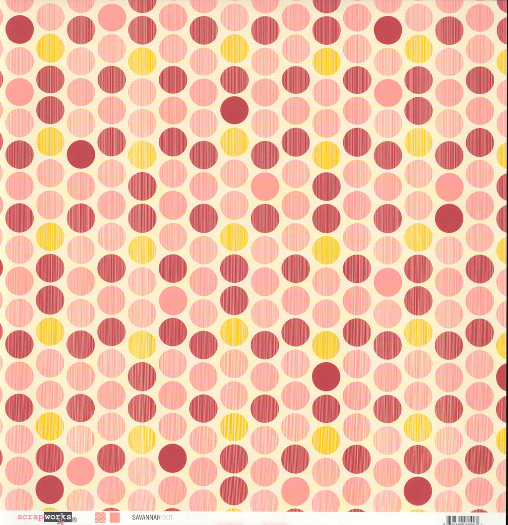 Scrapworks Savannah Dot 12x12 Scrapbook Paper - pink, red and yellow polka dot pattern on cream front