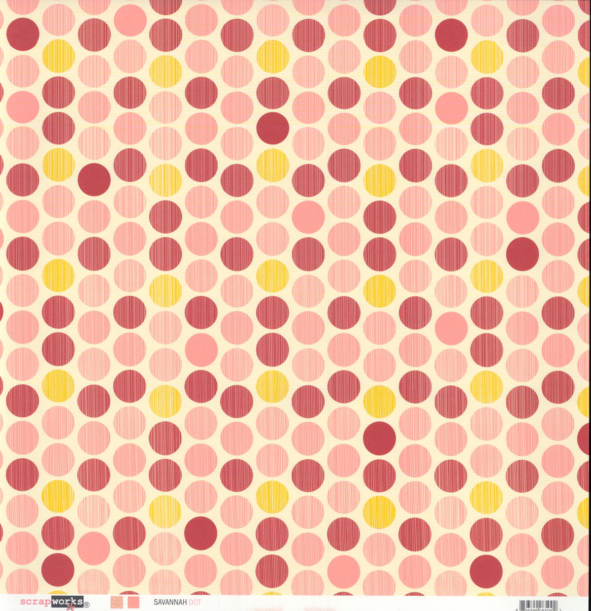 Scrapworks Savannah Dot 12x12 Scrapbook Paper - pink, red and yellow polka dot pattern on cream front