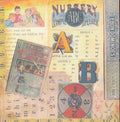 Design Originals School Days 12x12 scrapbook paper with Alice in Wonderland, Nursery ABC Speller, Ebon Dominoes and vintage ruler collage in golden yellow, red and blue on aged parchment