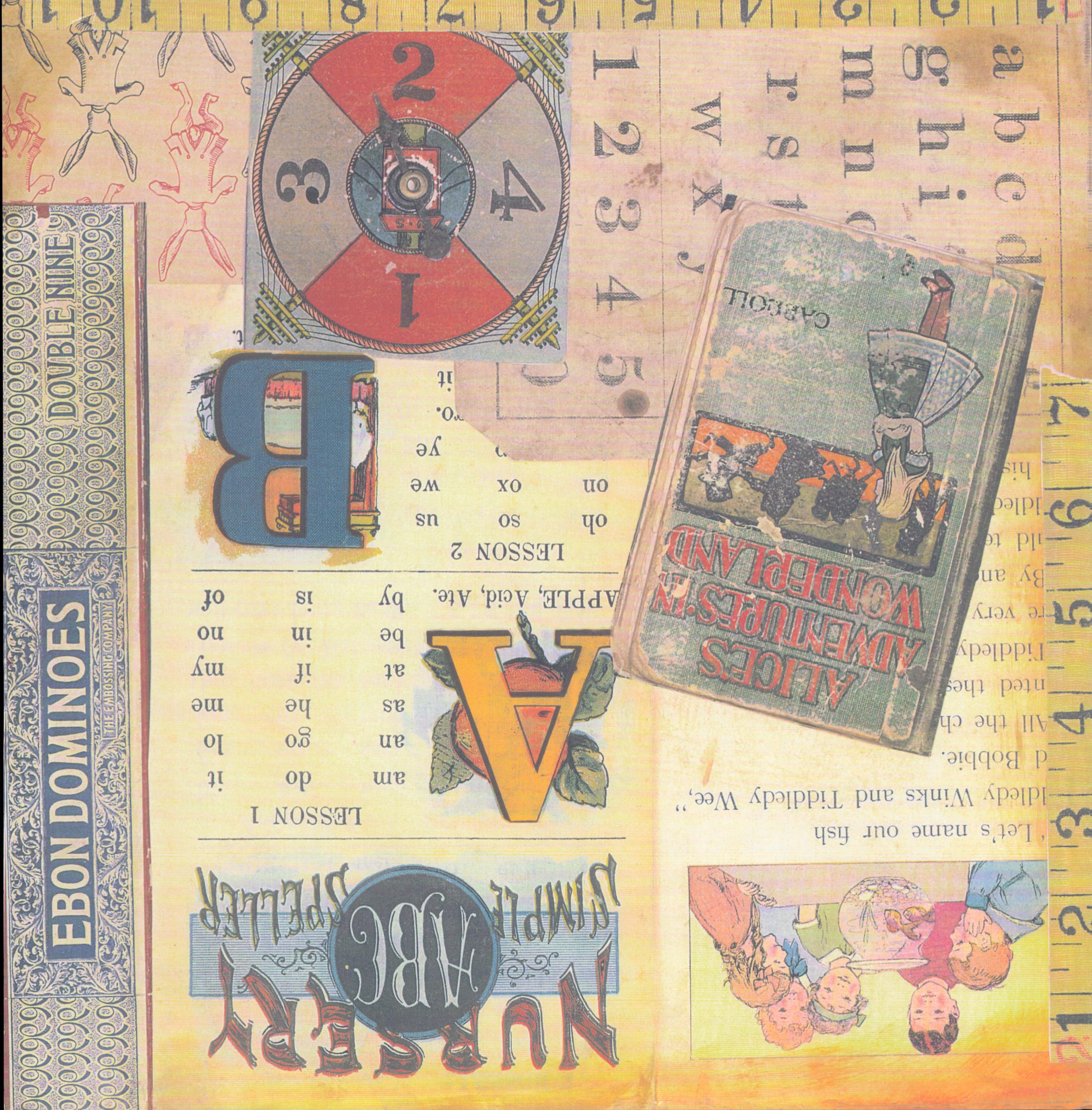 Design Originals School Days 12x12 scrapbook paper with Alice in Wonderland, Nursery ABC Speller, Ebon Dominoes and vintage ruler collage in golden yellow, red and blue on aged parchment