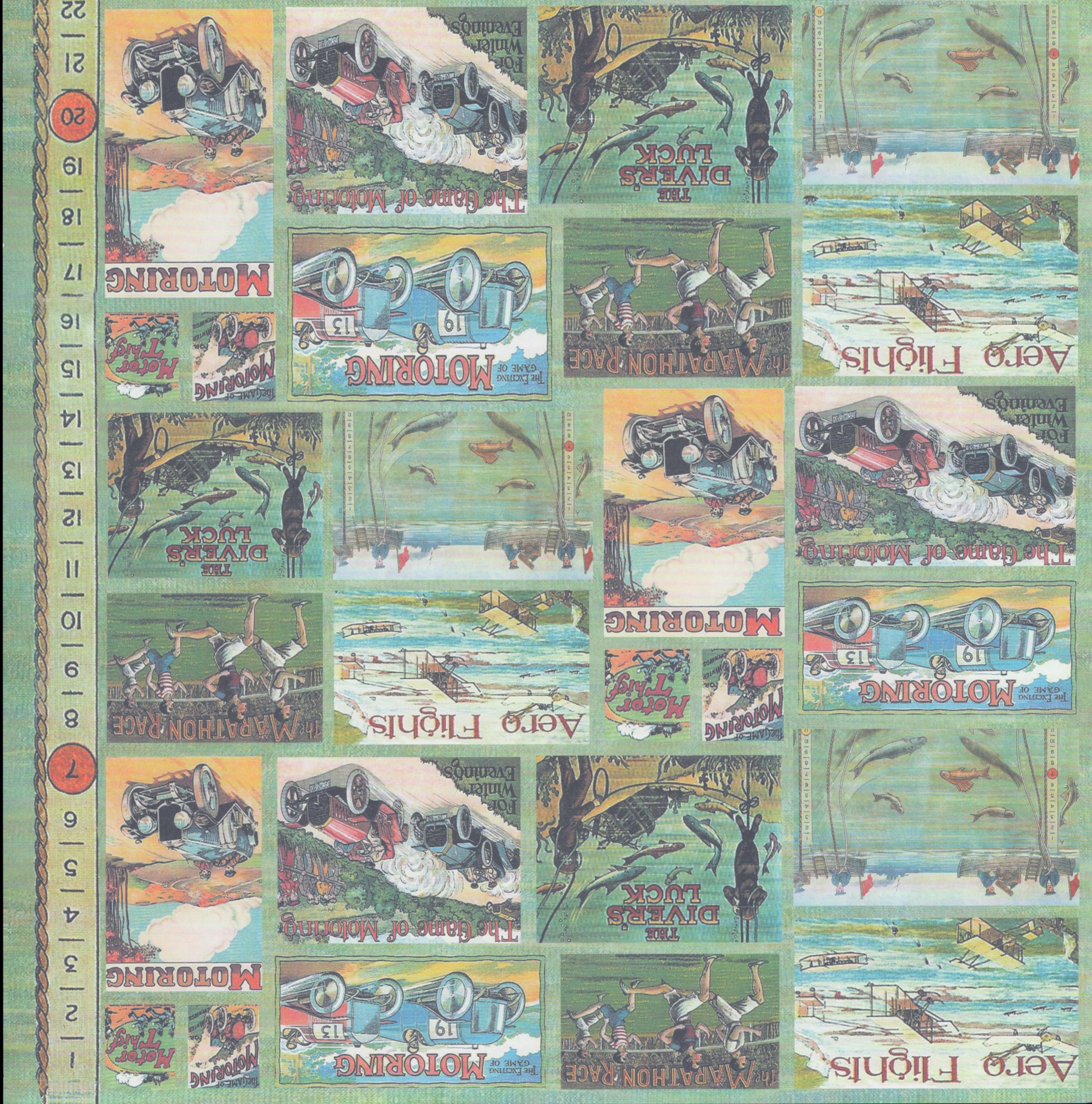 Design Originals Sea Sky Shore 12x12 - vintage game box art collage with Aero Flights, Motoring, Marathon Race, and Diver's Luck on sage green