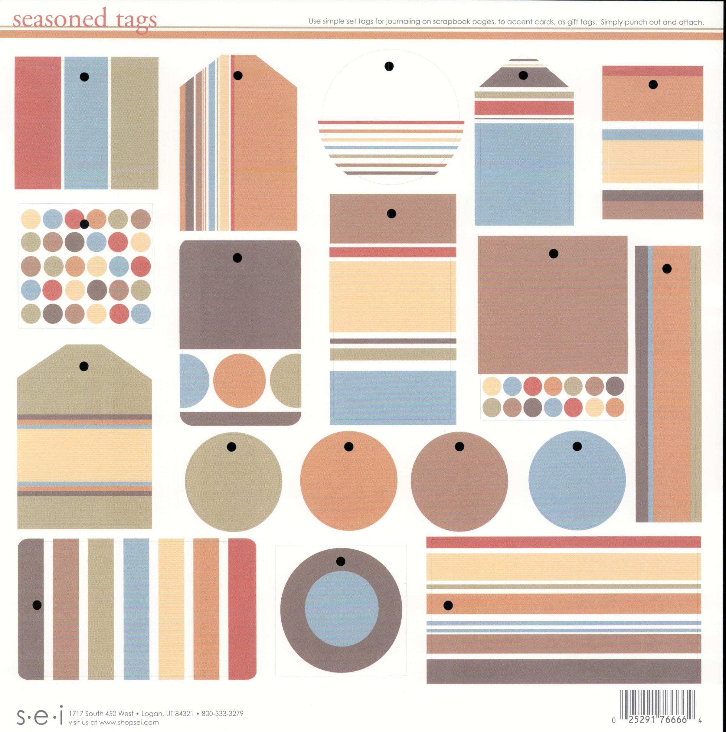 SEI Seasoned Tags die-cut tag sheet — assorted shapes in terracotta, powder blue, taupe, cream and dusty rose with stripes and polka dots