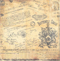 Prima Marketing Printery Collection Signature 12x12 scrapbook paper with layered antique document collage including Italian maritime permit, Civil War muster roll and heraldic crest in sepia on aged parchment