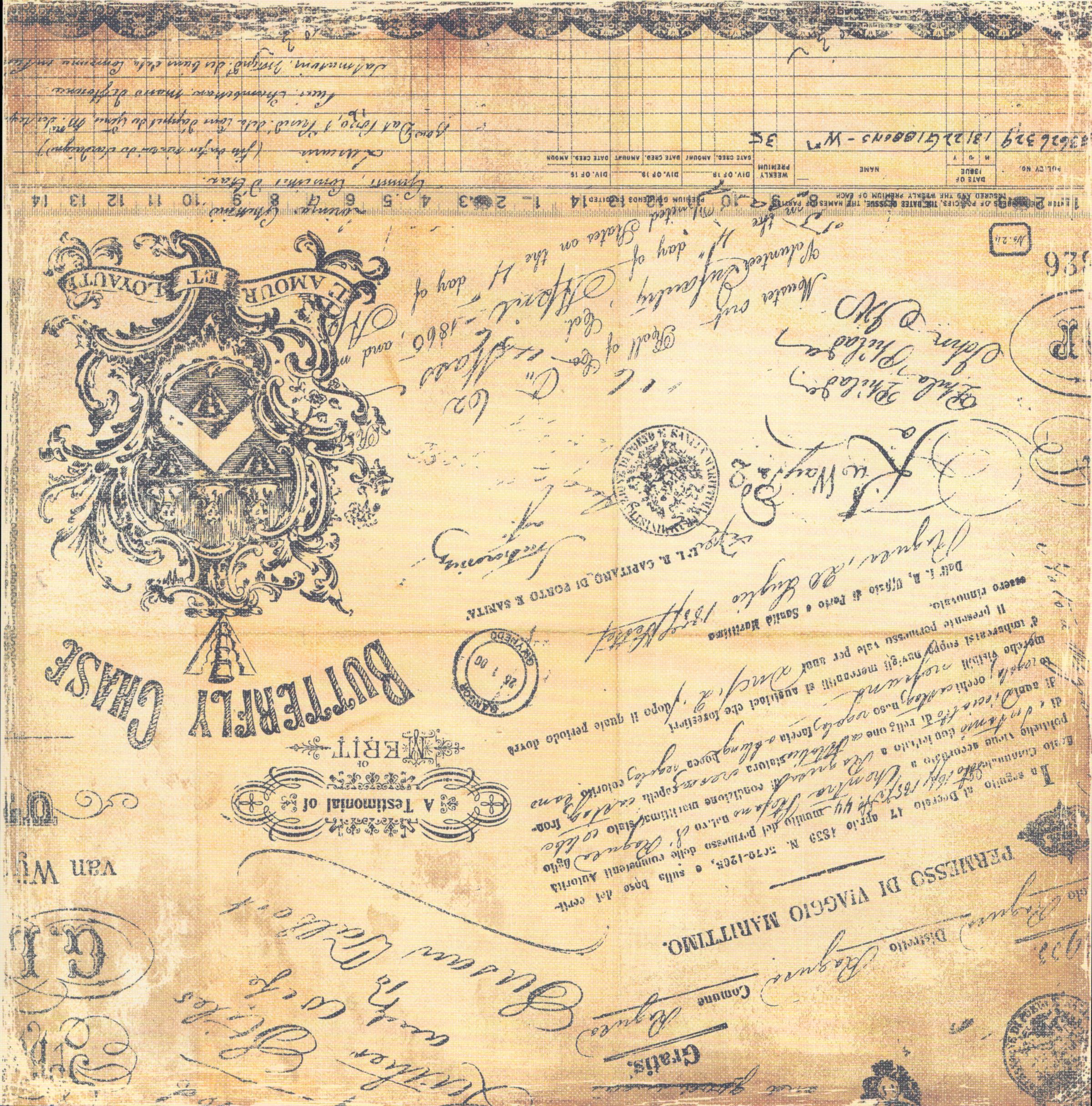 Prima Marketing Printery Collection Signature 12x12 scrapbook paper with layered antique document collage including Italian maritime permit, Civil War muster roll and heraldic crest in sepia on aged parchment