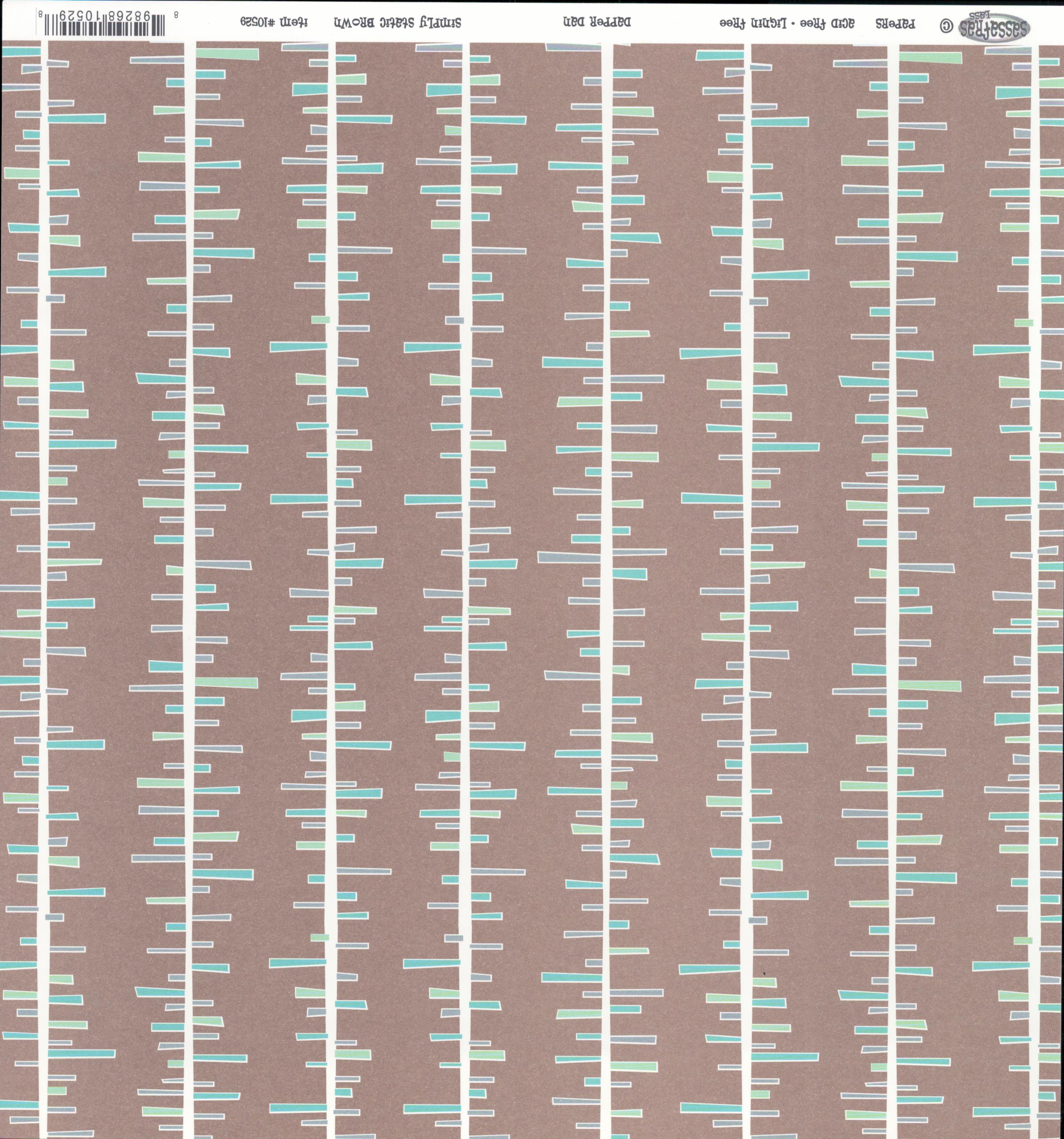 Sassafras Lass Dapper Dan Simply Static Brown cardstock with vertical white stripes and scattered mint and teal dashes on taupe-brown background