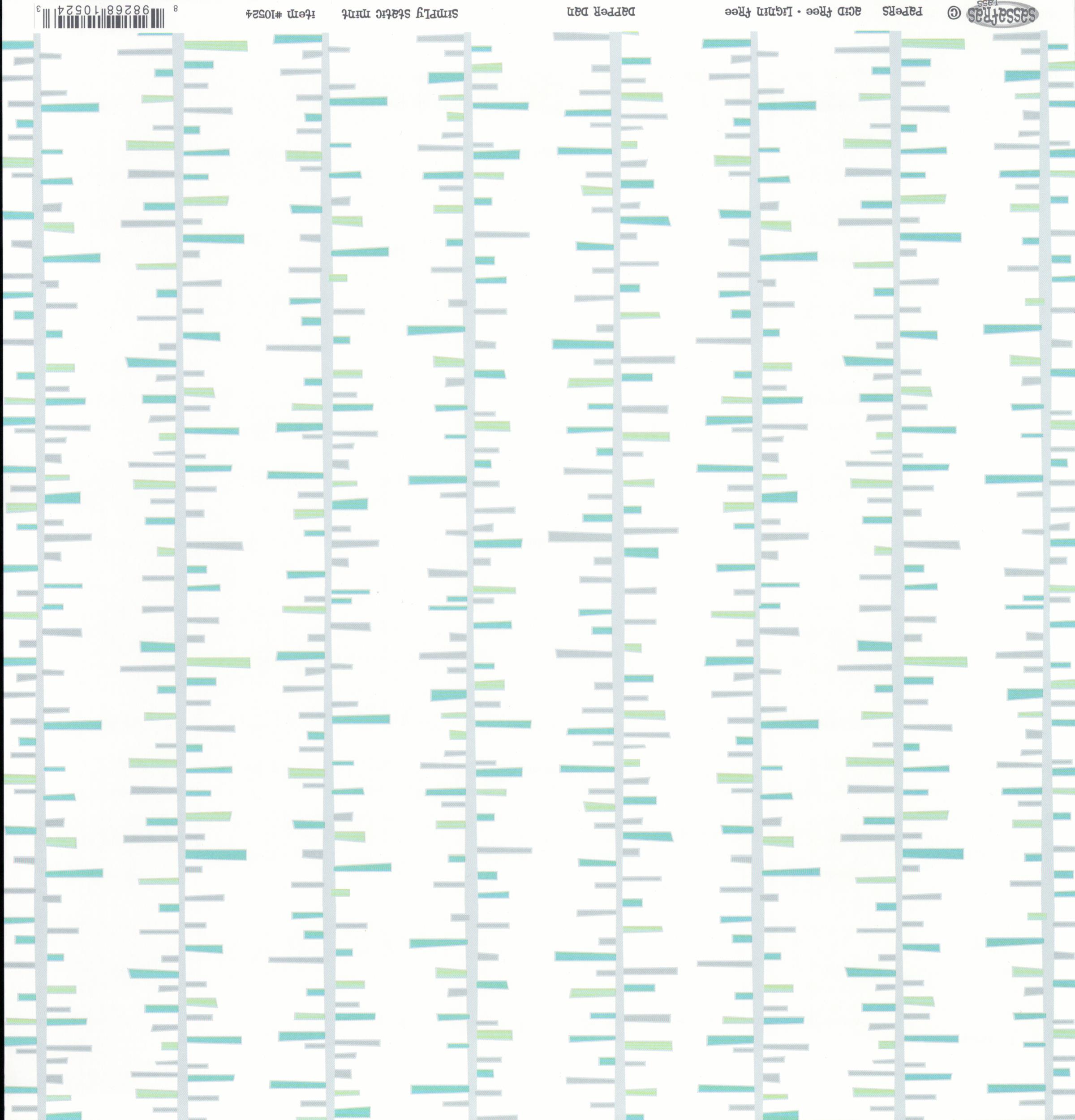 Sassafras Lass Dapper Dan Simply Static Mint cardstock with vertical grey stripes and scattered mint and teal dashes on white background