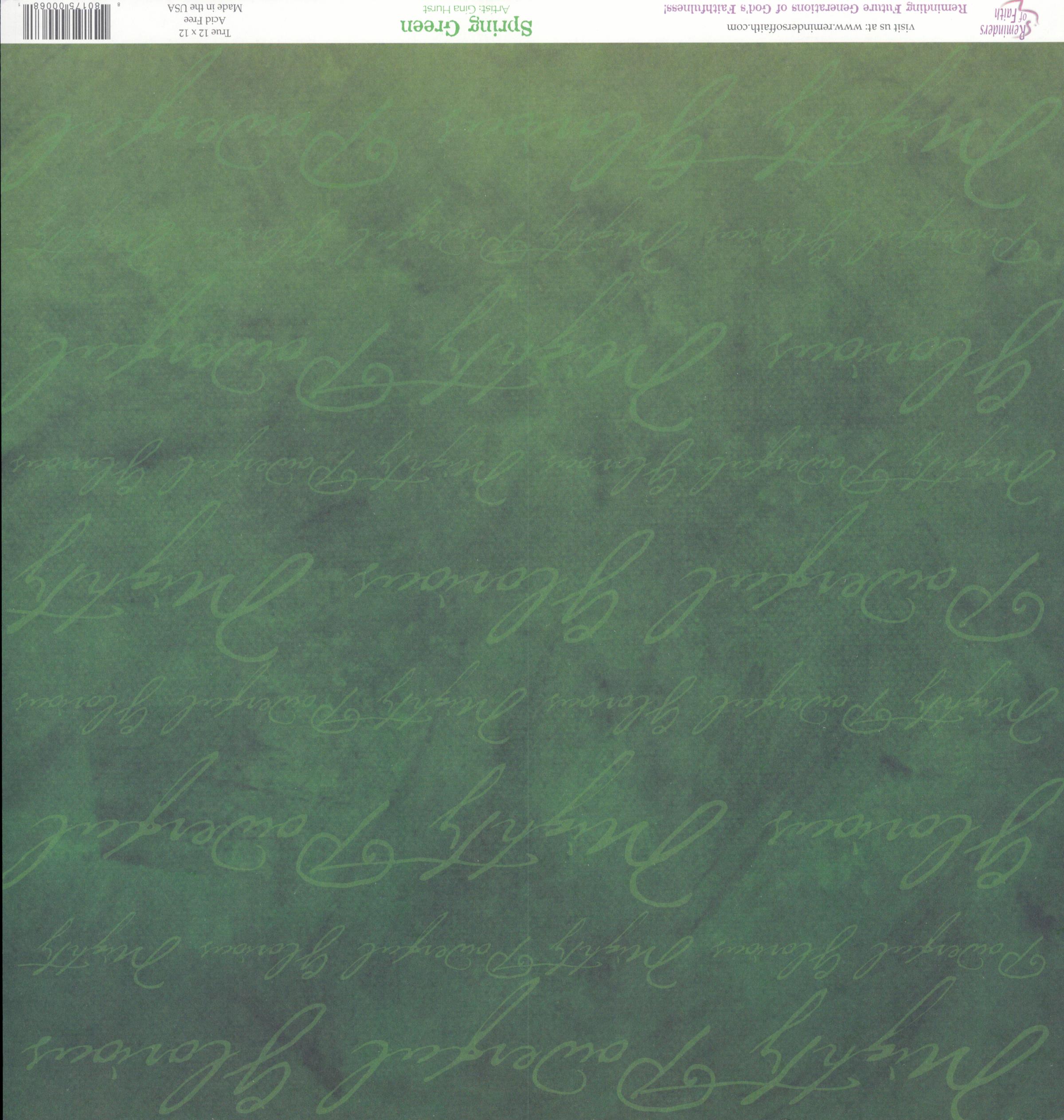 Reminders of Faith Spring Green 12x12 scrapbook paper with deep forest green tone-on-tone inspirational script watermark