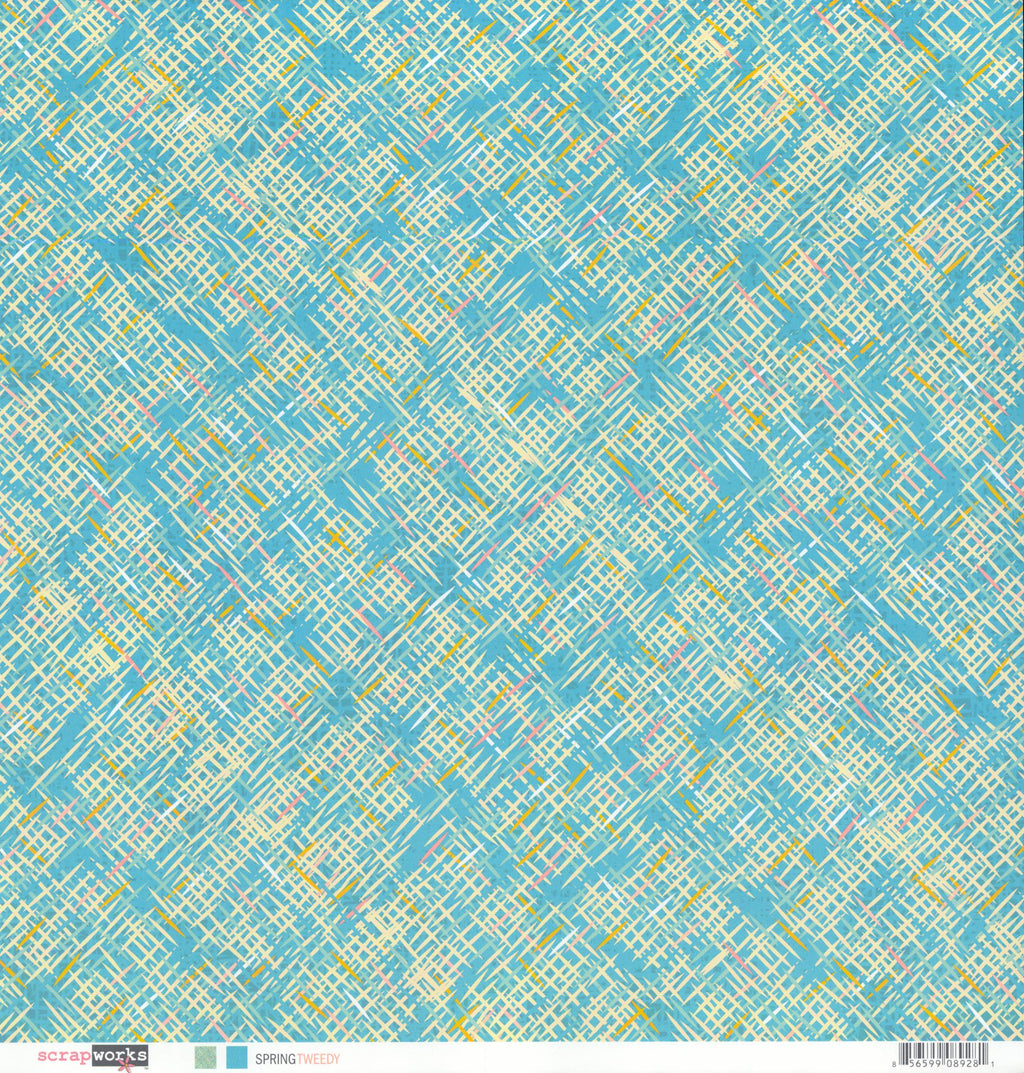 Scrapworks Spring Tweedy 12x12 Scrapbook Paper - teal diagonal crosshatch tweed pattern front