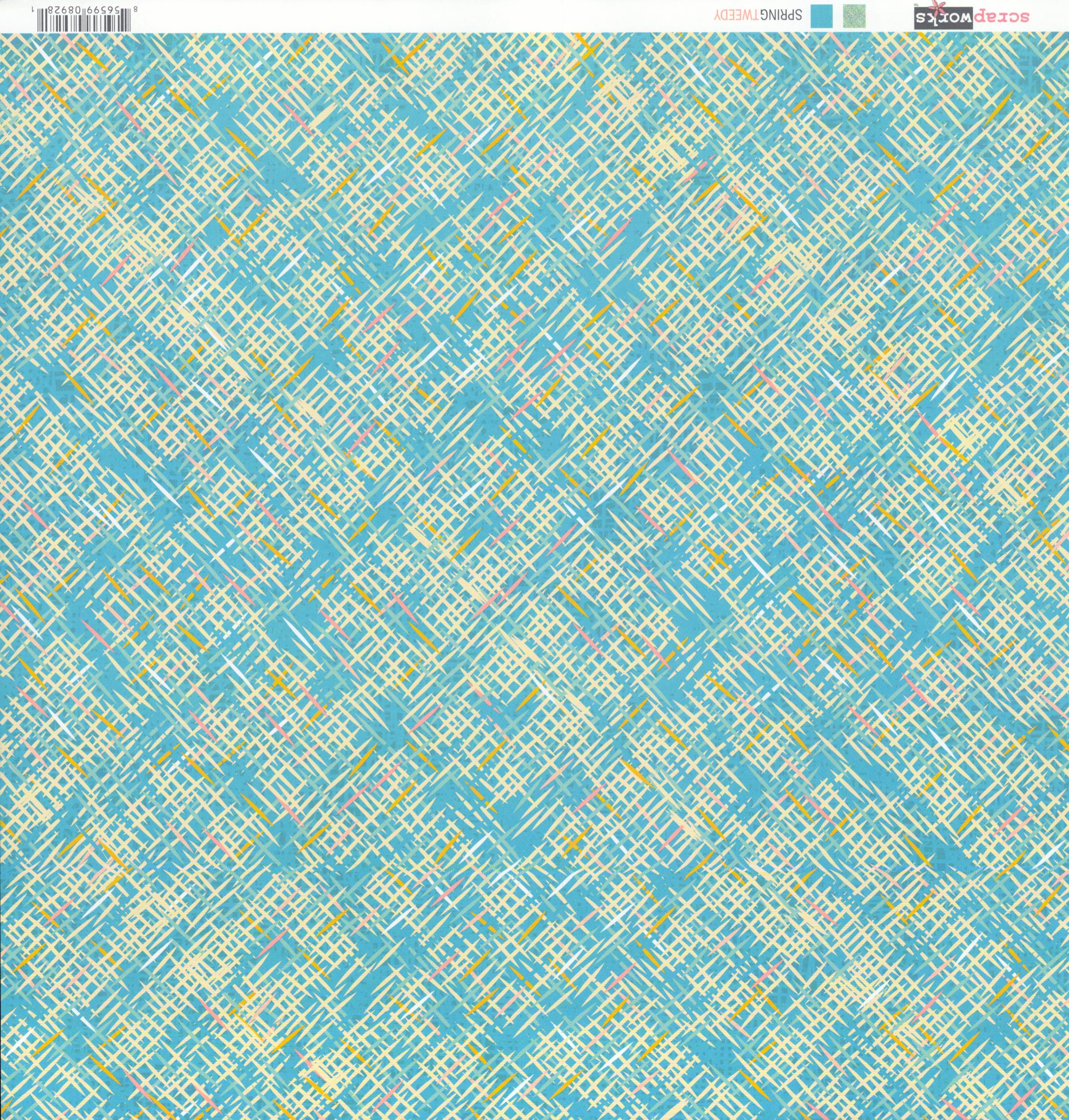 Scrapworks Spring Tweedy 12x12 Scrapbook Paper - teal diagonal crosshatch tweed pattern front