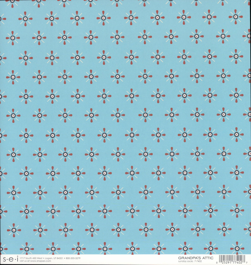 SEI Grandpa's Attic Sunday Socks 12x12 cardstock — powder blue background with vintage starburst motif in red and white