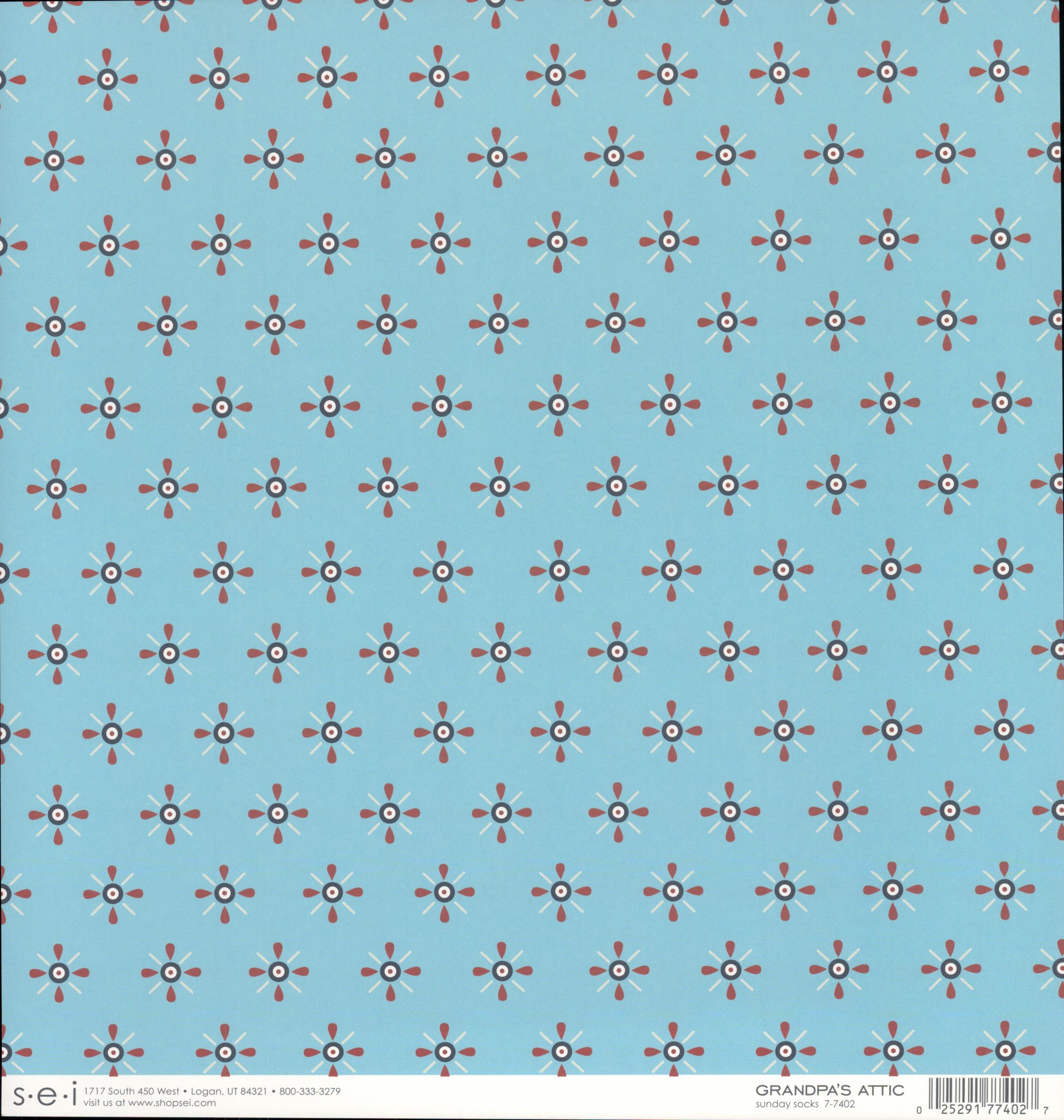 SEI Grandpa's Attic Sunday Socks 12x12 cardstock — powder blue background with vintage starburst motif in red and white