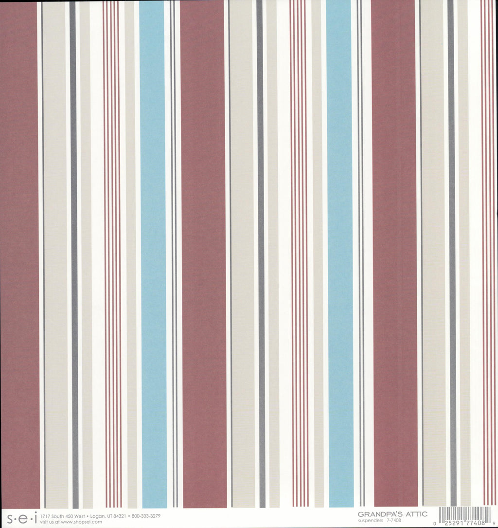 SEI Grandpa's Attic Suspenders 12x12 cardstock — cream background with burgundy, blue and gray vertical stripes
