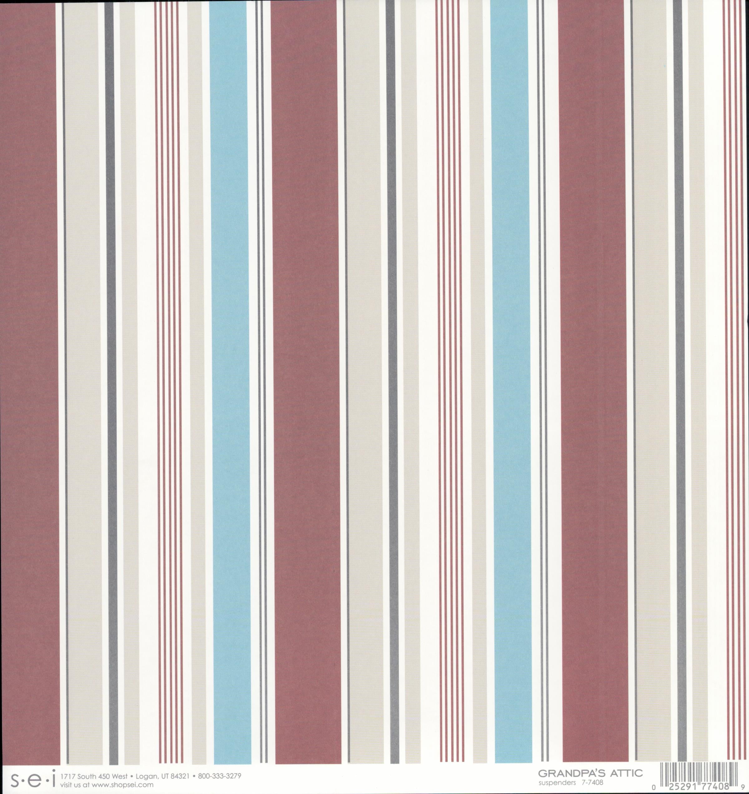 SEI Grandpa's Attic Suspenders 12x12 cardstock — cream background with burgundy, blue and gray vertical stripes