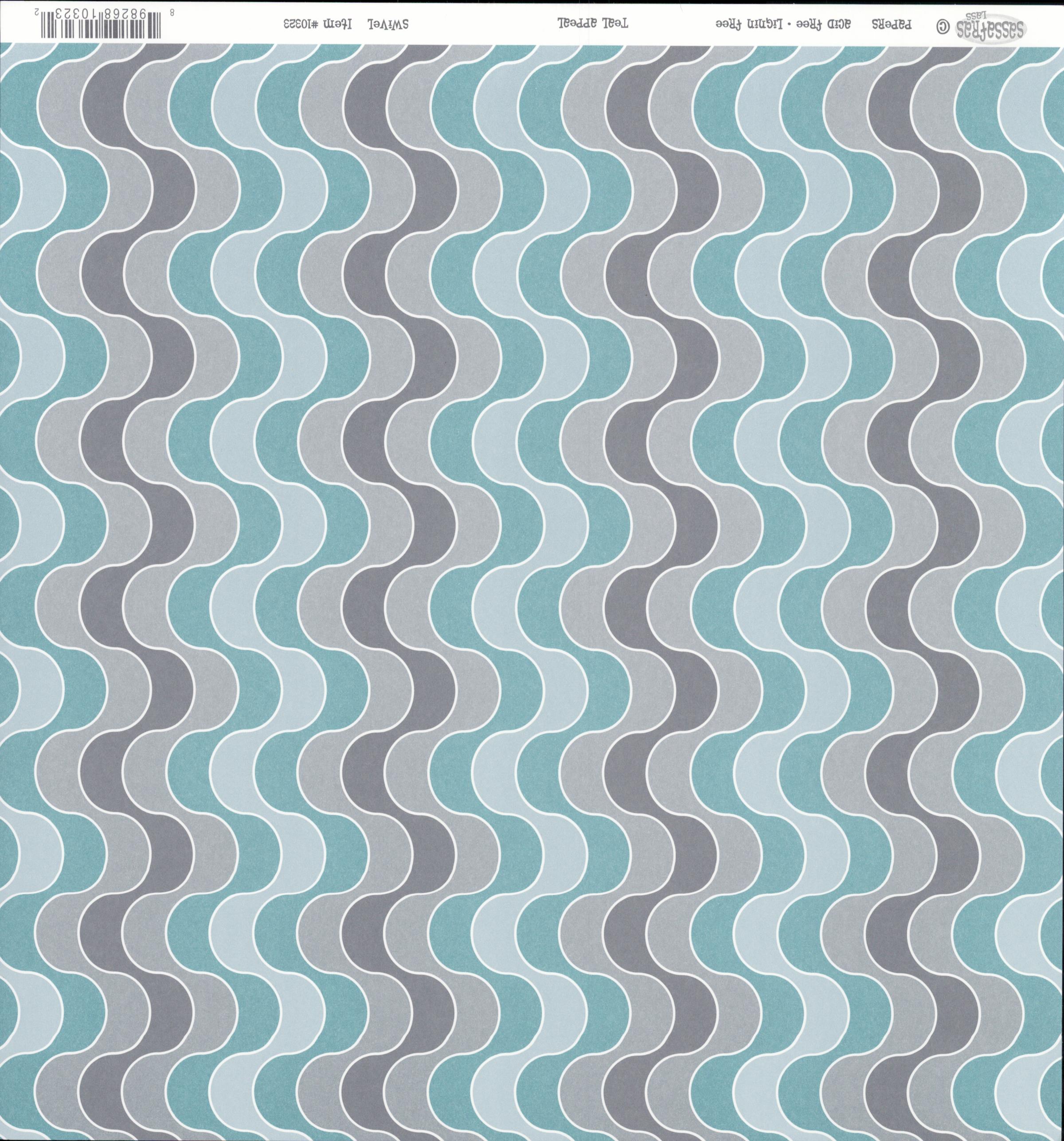 Sassafras Lass Teal Appeal Swivel cardstock with interlocking scalloped arches in teal, light blue, dark grey and light grey with white outlines