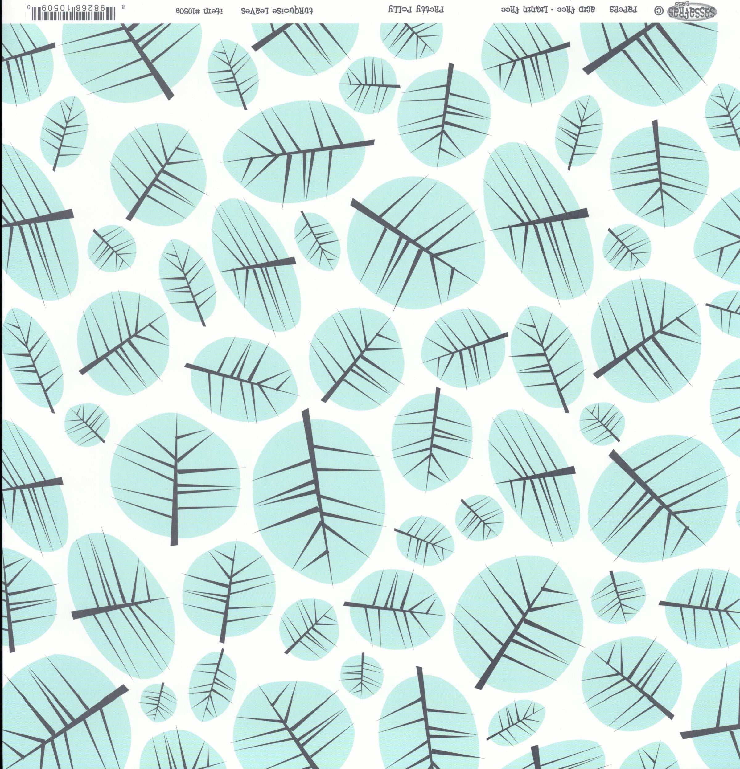 Sassafras Lass Pretty Polly Turquoise Leaves cardstock with dark grey leaf silhouettes on mint-turquoise oval circles on white