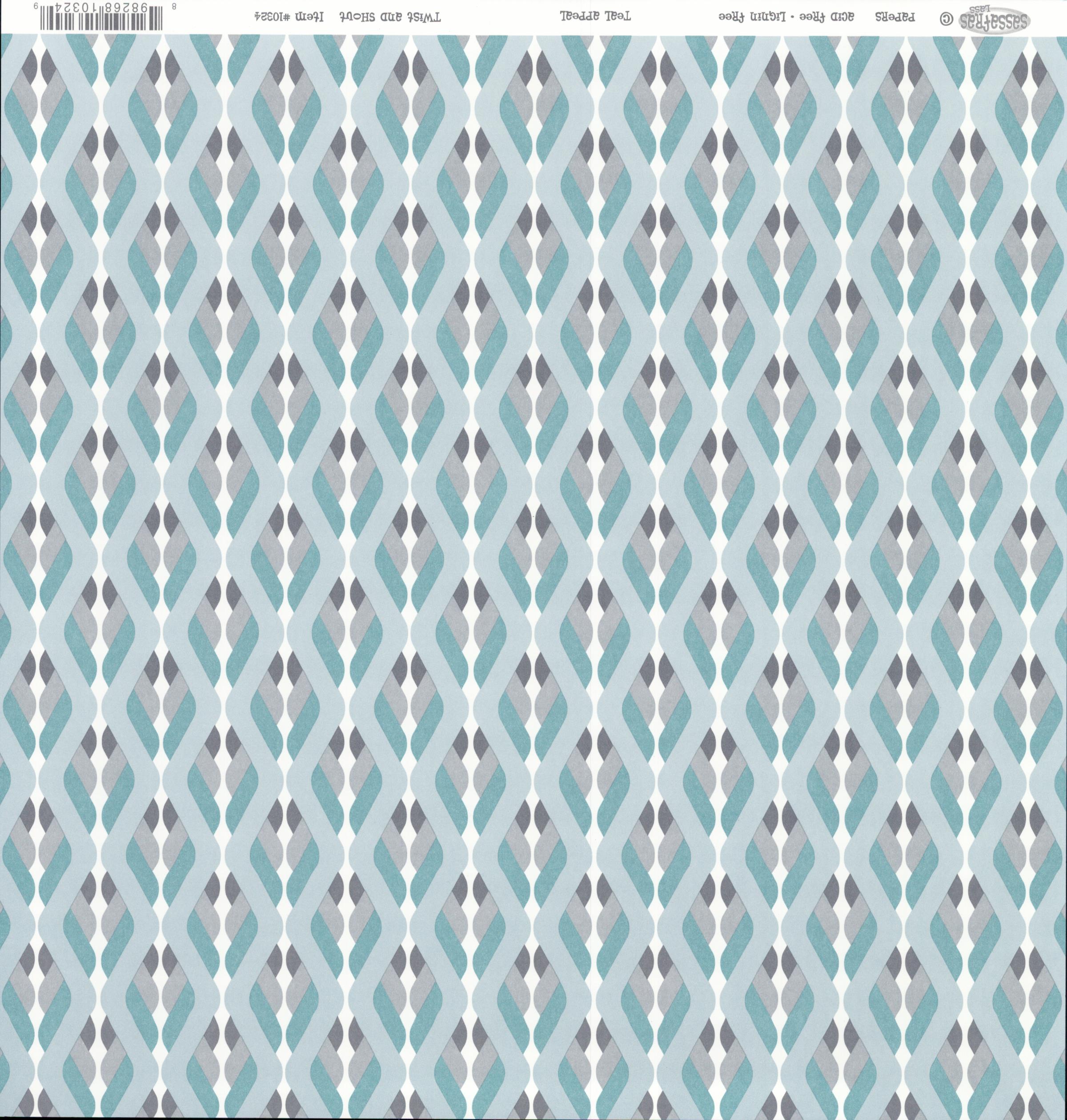 Sassafras Lass Teal Appeal Twist and Shout cardstock with interlocking ogee lattice ribbons in teal, light blue, grey and white