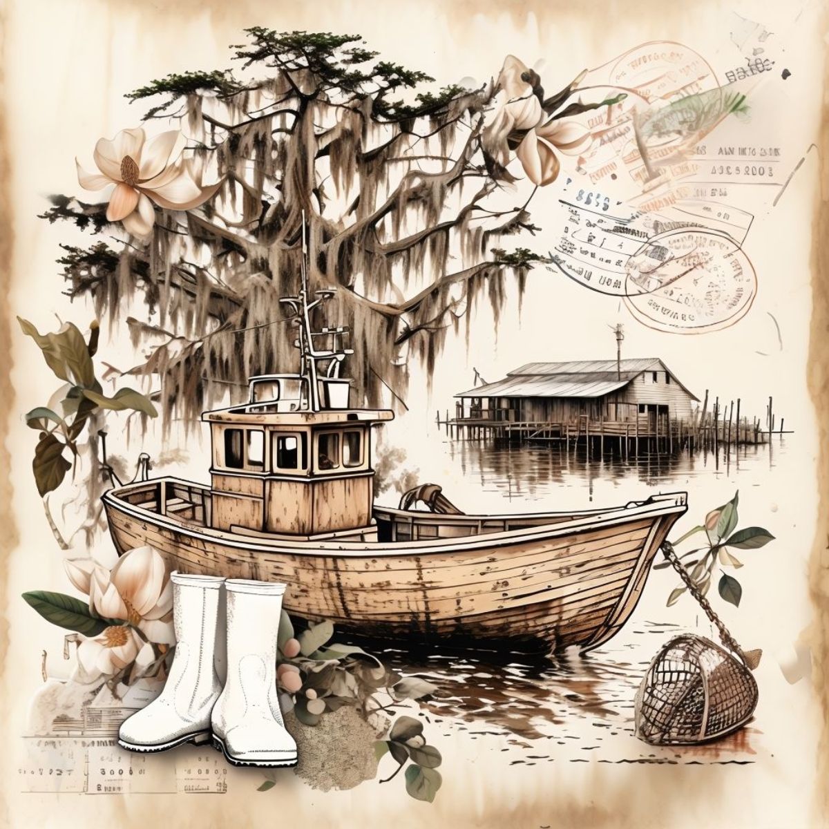 Vintage Louisiana Boat - 12x12 Printed paper