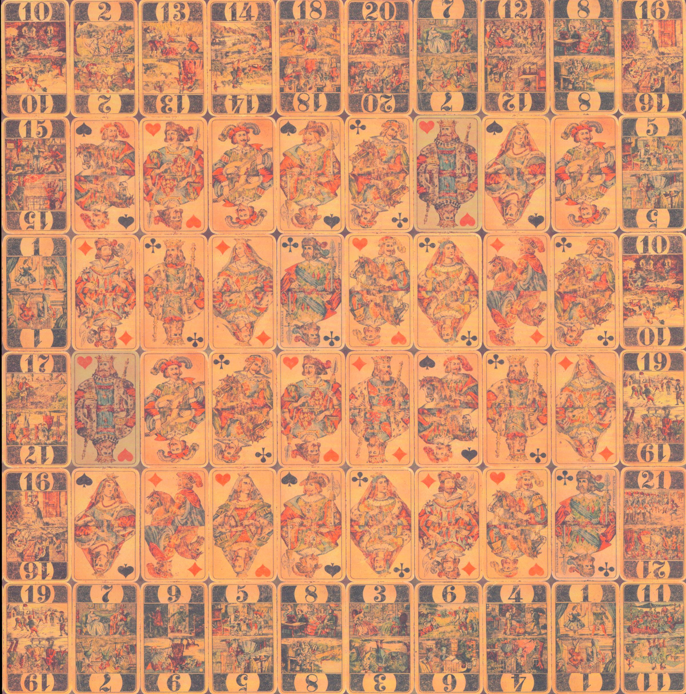 Design Originals Nostalgic Games Vintage Cards 12x12 scrapbook paper with dense grid of antique European Tarot-style playing cards featuring Kings, Queens and Jacks in golden amber, orange and blue-purple