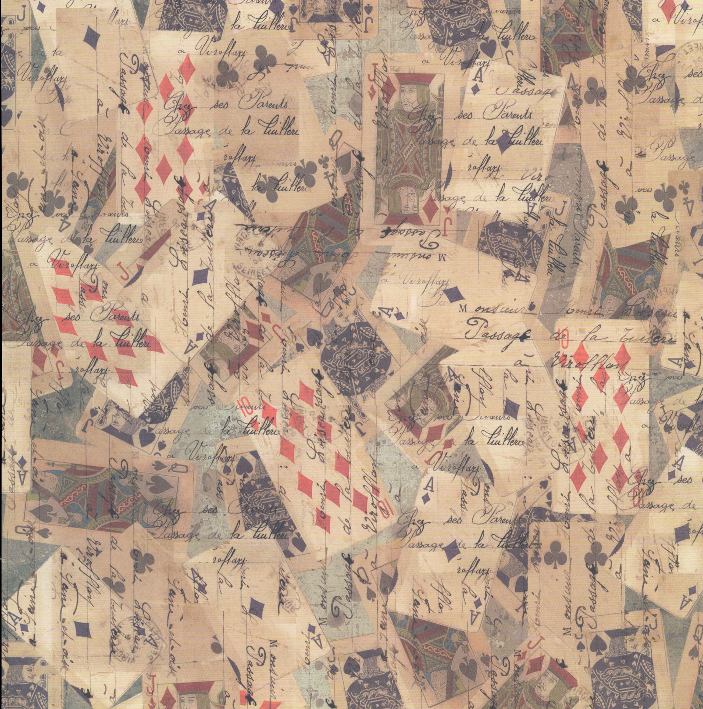 Design Originals Nostalgic Games Vintage Cards French Script 12x12 scrapbook paper with scattered playing cards and flowing French cursive script in dusty rose, mauve and navy on warm cream