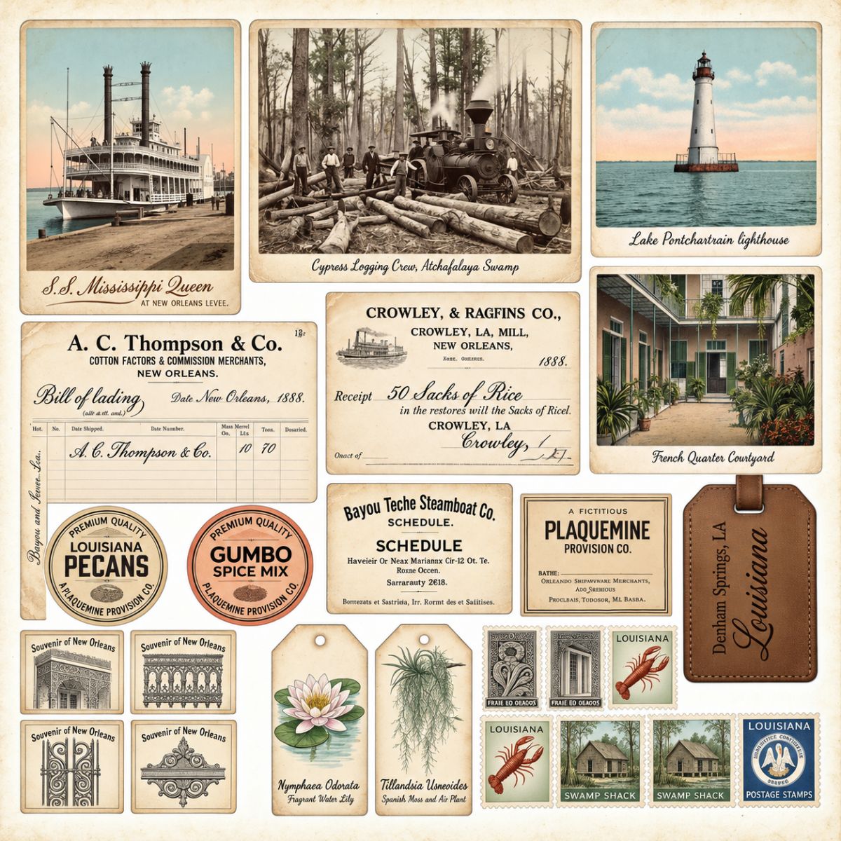 Vintage Louisiana Bayou Ephemera — Printed Ephemera Sheet