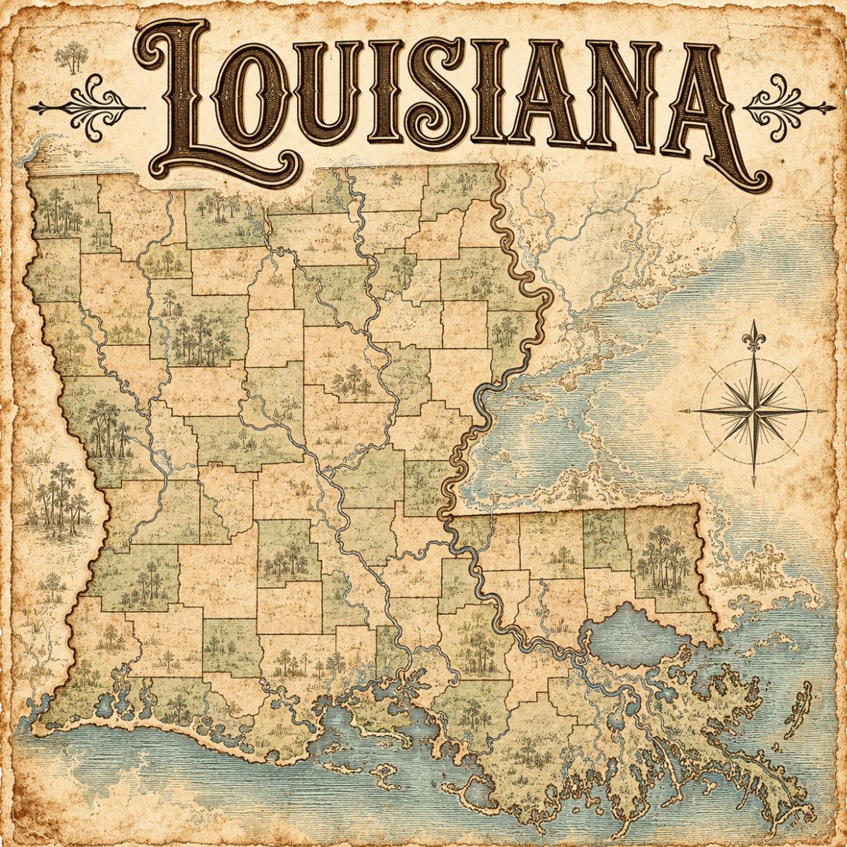 Aged Louisiana Map with Verdigris — 12×12 Printed Paper