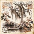 Vintage-style collage artwork featuring a large cypress tree with hanging Spanish moss, a stilt house over water, magnolia flowers, a small boat, rain boots, and old postmarks and stationery on a parchment-like background.