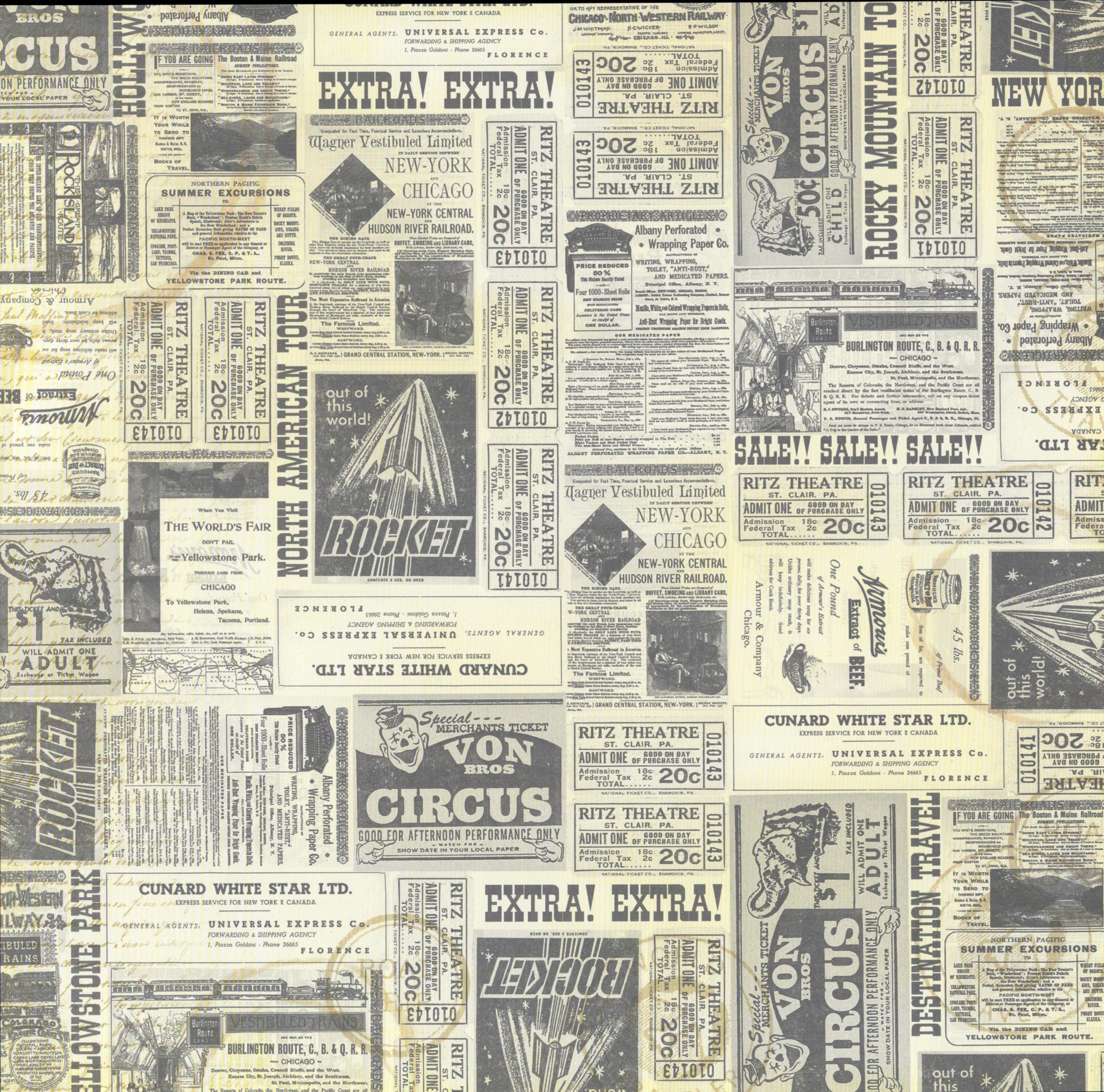 The Paper Studio Vintage Newspaper 12x12 scrapbook paper with dense collage of vintage circus posters, Ritz Theatre tickets, Cunard White Star and railroad ads in charcoal black on aged cream