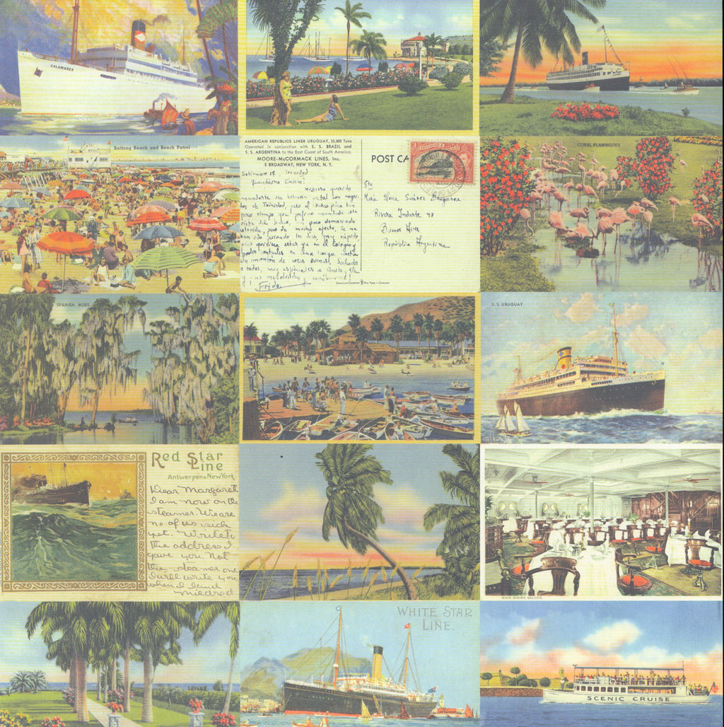 Flair Designs Vintage Paradise Postcards 12x12 scrapbook paper with 15 vintage travel postcards featuring SS Calamares, White Star Line, Royal Flamingos and Caribbean scenes in teal, coral and golden yellow