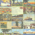Flair Designs Vintage Paradise Postcards 12x12 scrapbook paper with 15 vintage travel postcards featuring SS Calamares, White Star Line, Royal Flamingos and Caribbean scenes in teal, coral and golden yellow