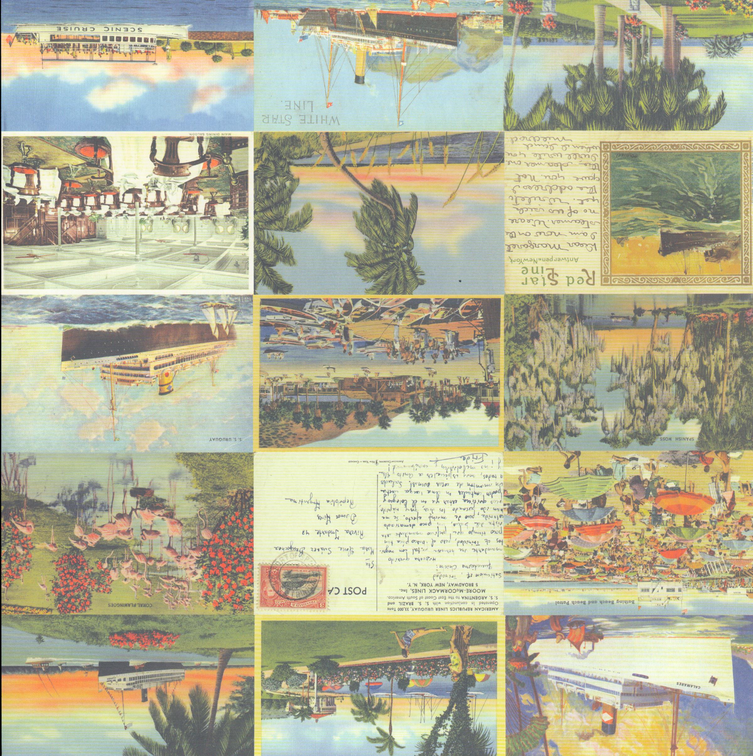 Flair Designs Vintage Paradise Postcards 12x12 scrapbook paper with 15 vintage travel postcards featuring SS Calamares, White Star Line, Royal Flamingos and Caribbean scenes in teal, coral and golden yellow