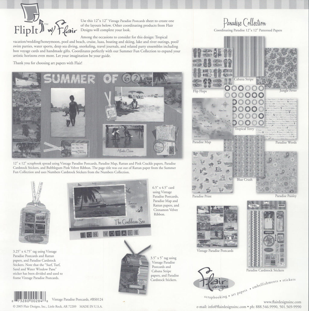 Flair Designs Vintage Paradise Postcards 12x12 scrapbook paper reverse with Paradise Collection coordinating products and layout inspiration guide