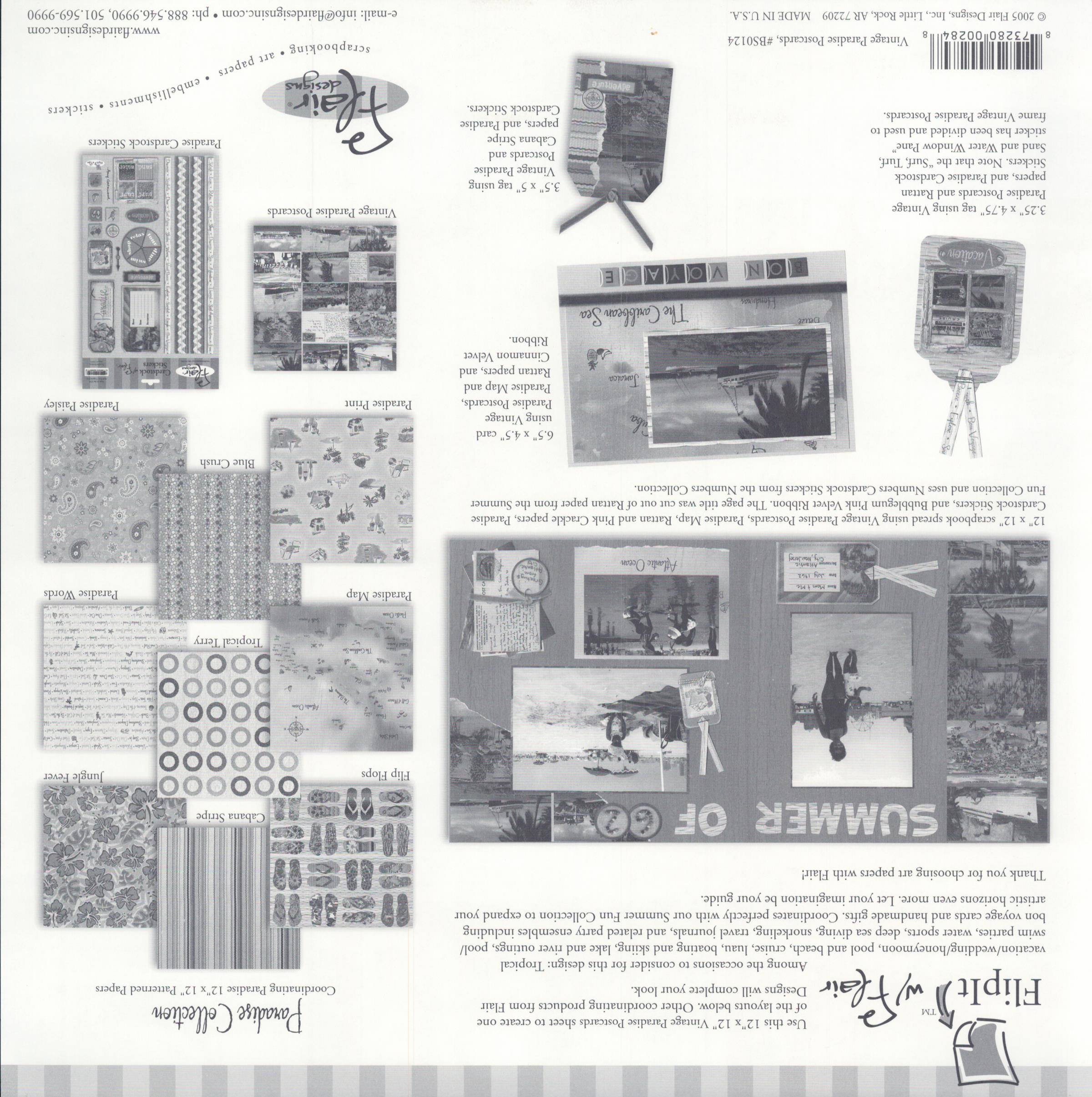 Flair Designs Vintage Paradise Postcards 12x12 scrapbook paper reverse with Paradise Collection coordinating products and layout inspiration guide