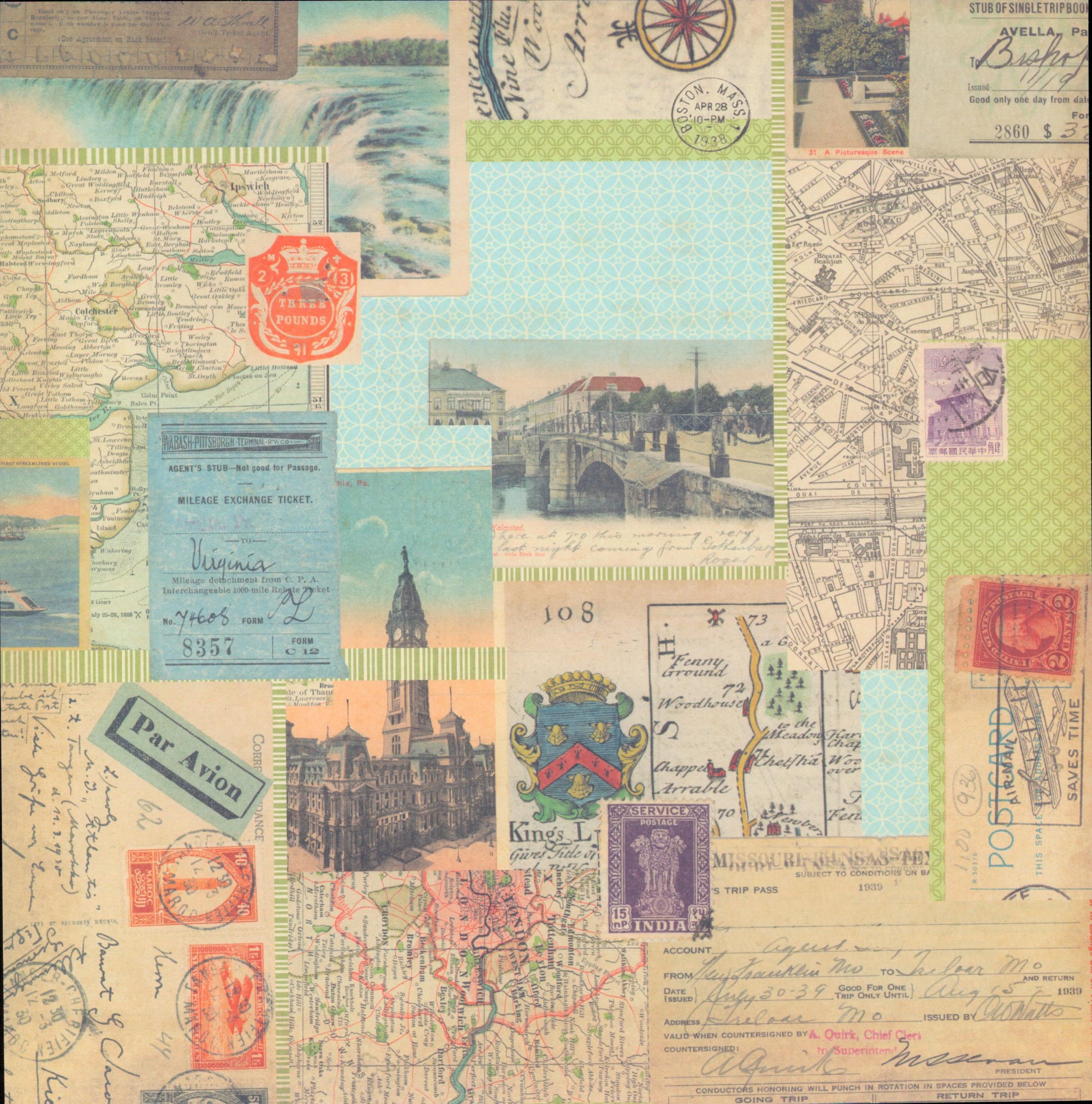 Craft Smith Jet Set Joy - Side A: vintage postal and ticket collage with maps, airmail tags, India and French stamps