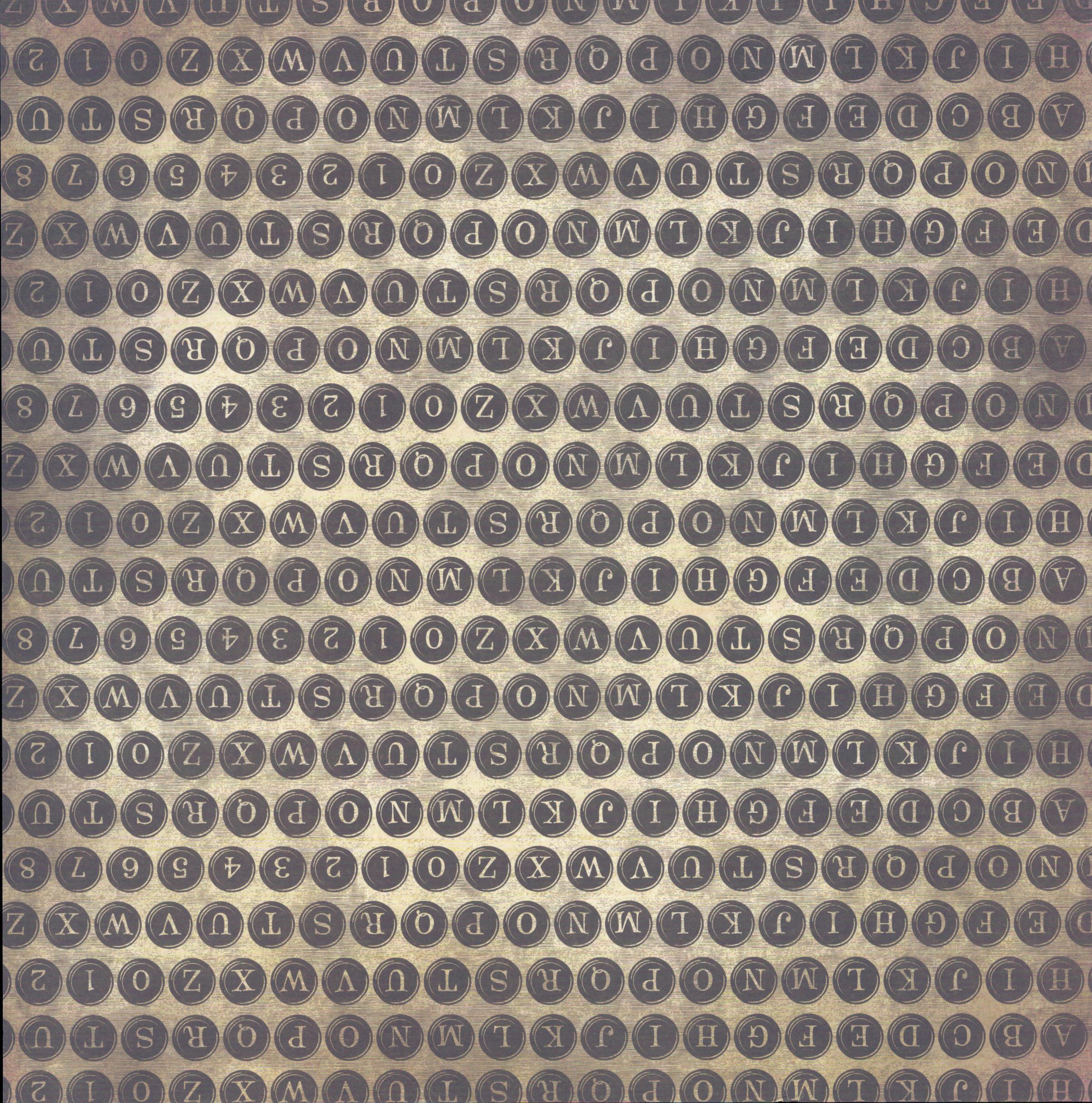 The Paper Studio Vintage Typewriter Keys 12x12 - allover circular typewriter key alphabet and numeral pattern on warm tan and charcoal