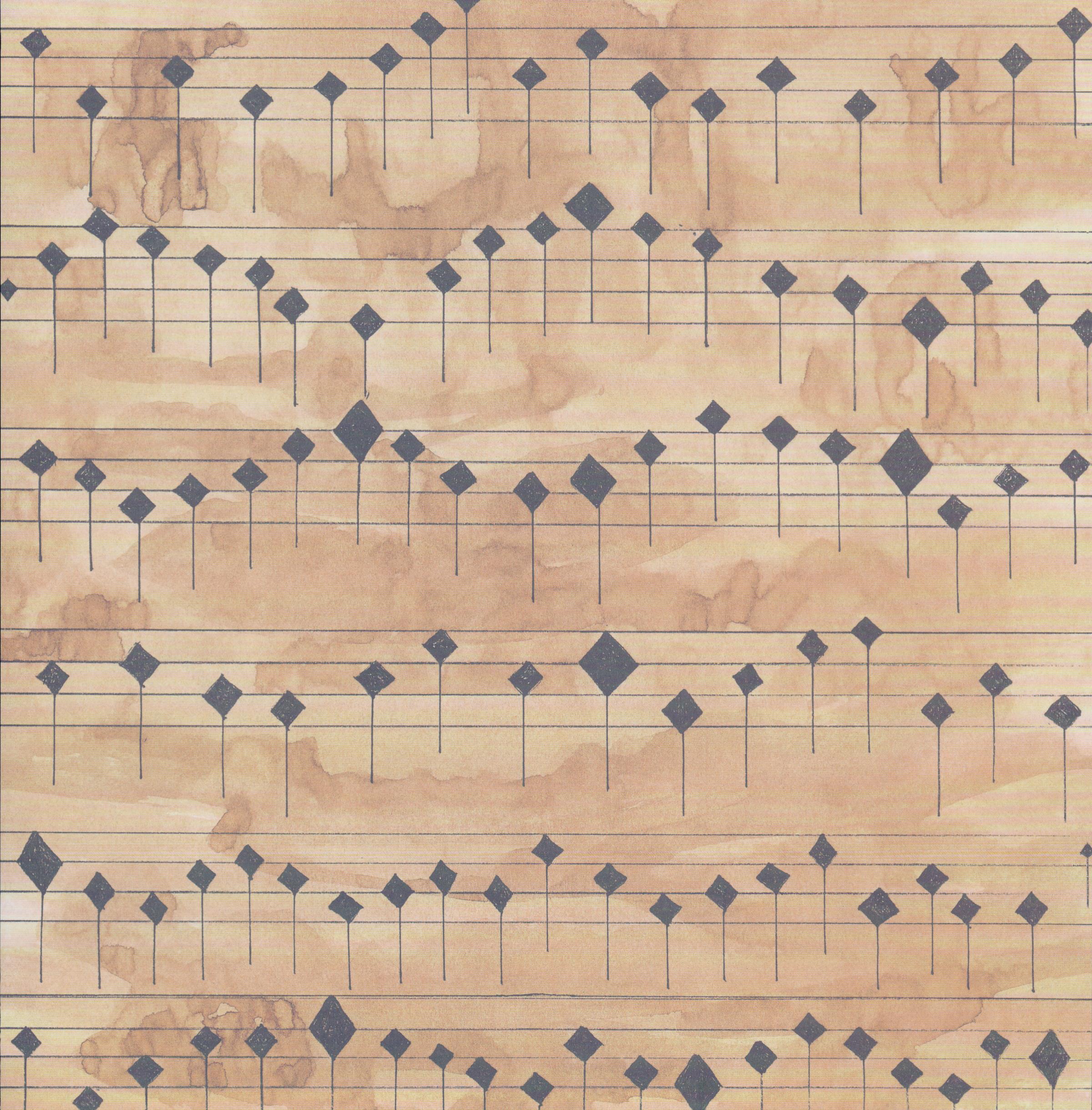Design Originals Walnut Music 12x12 scrapbook paper with diamond-shaped musical notes on staff lines in walnut ink brown on golden parchment with watercolor wash