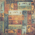 BoBunny Weekend Market Baggage 12x12 scrapbook paper with bird's-eye view of stacked vintage suitcases and travel trunks in rust, teal and golden tan with gold scrollwork flourishes