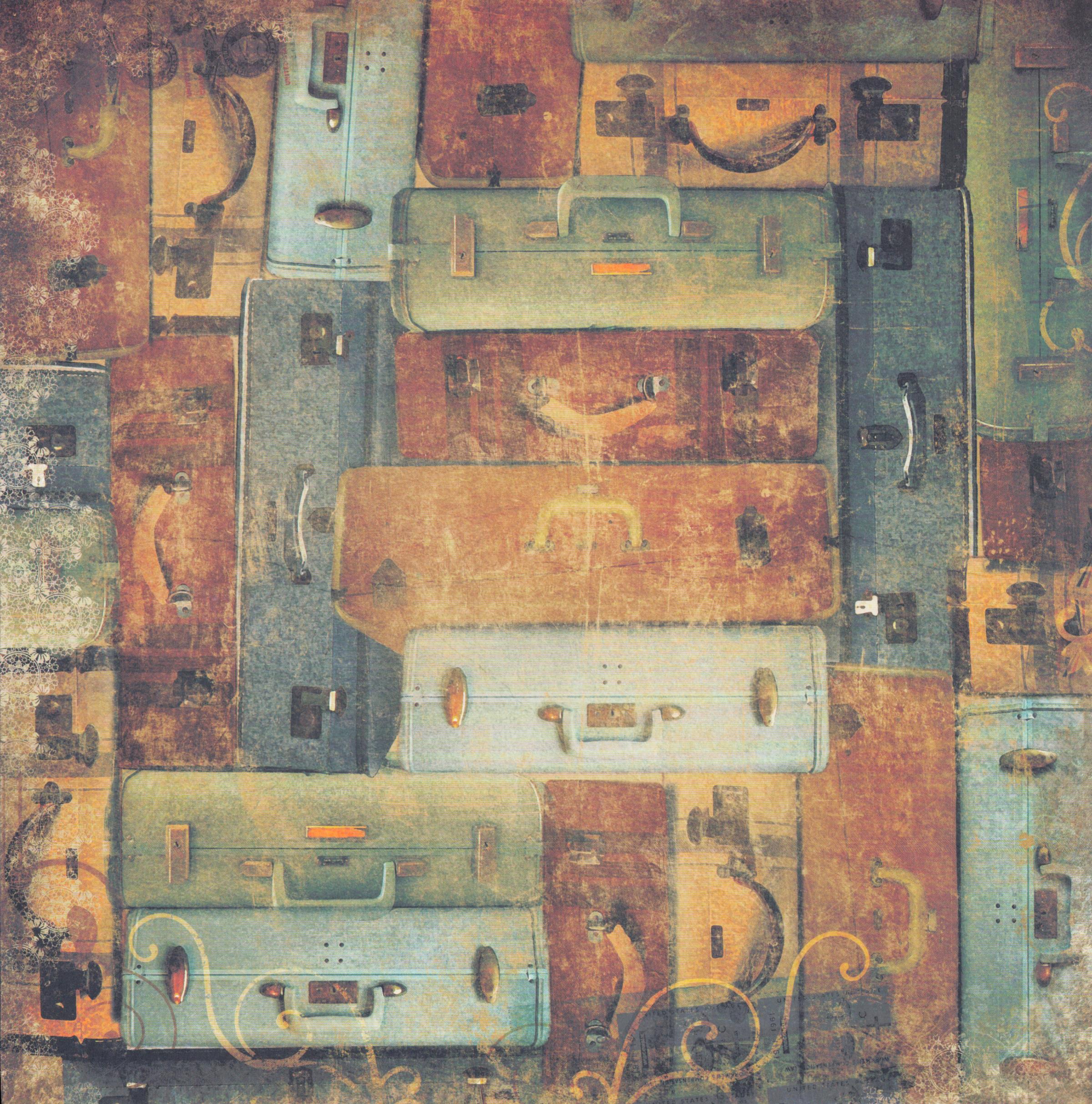 BoBunny Weekend Market Baggage 12x12 scrapbook paper with bird's-eye view of stacked vintage suitcases and travel trunks in rust, teal and golden tan with gold scrollwork flourishes