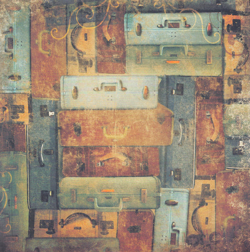 BoBunny Weekend Market Baggage 12x12 scrapbook paper with bird's-eye view of stacked vintage suitcases and travel trunks in rust, teal and golden tan with gold scrollwork flourishes