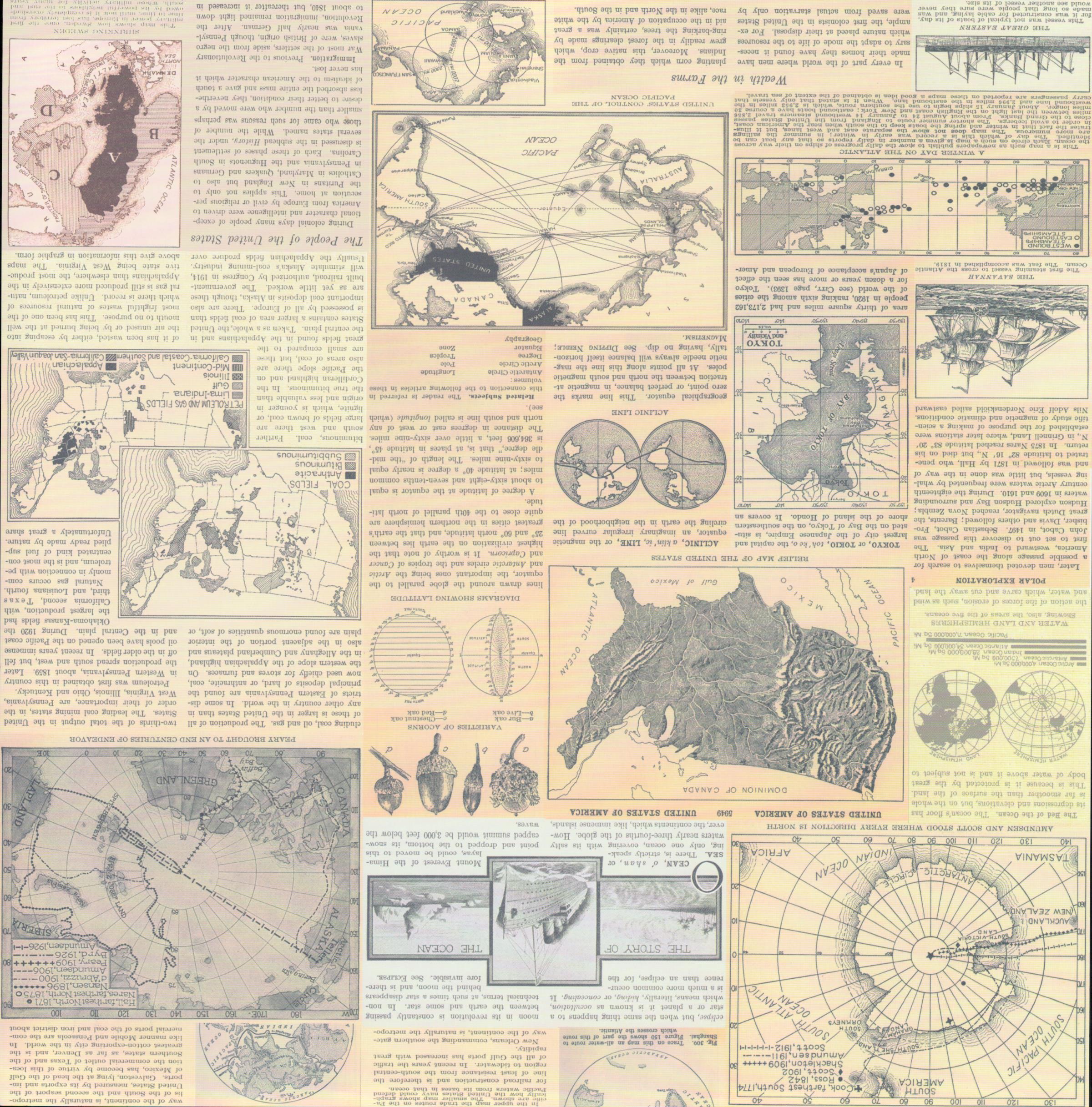 Design Originals Vintage Maps World Maps 12x12 scrapbook paper with dense antique atlas collage featuring US maps, polar charts and vintage engravings in sepia and cream
